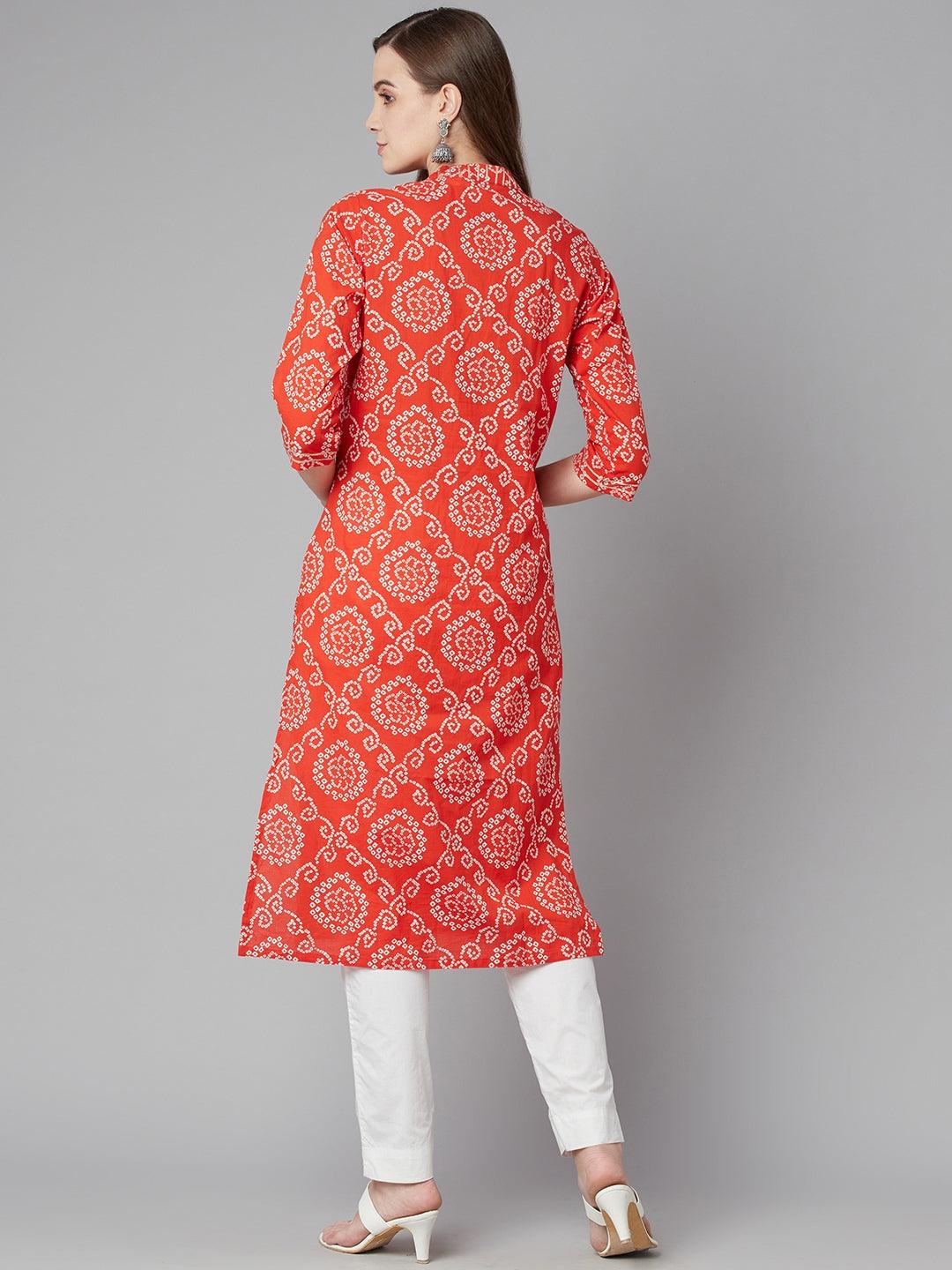  Red bandhej Straight Kurta -  world