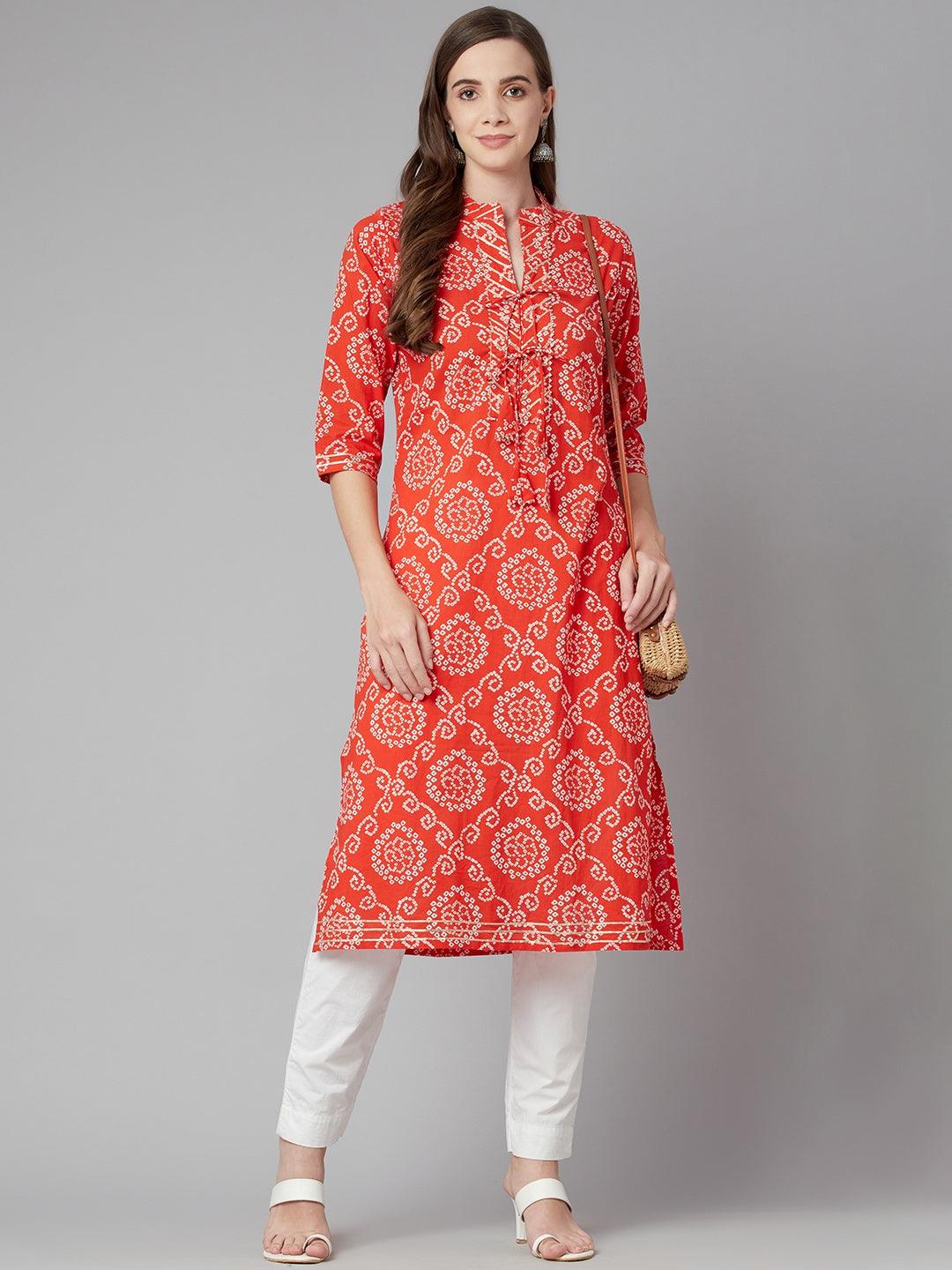  Red bandhej Straight Kurta -  world
