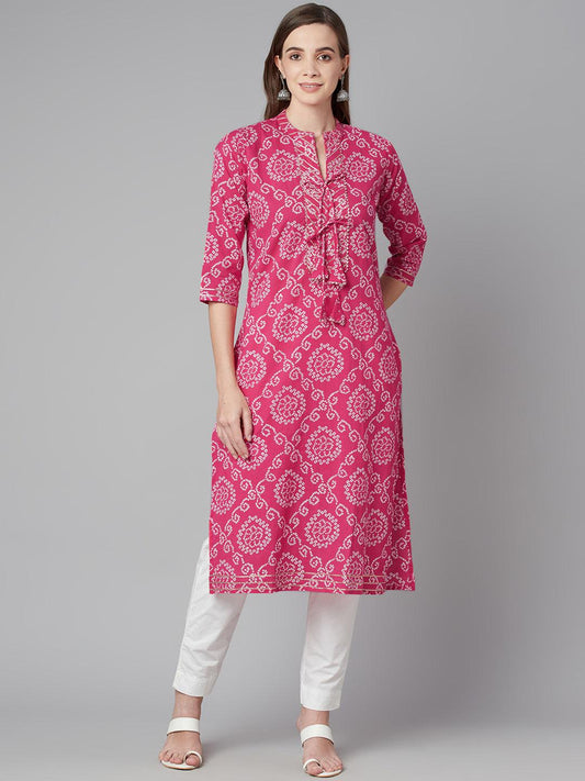  Pink Bandhej Straight Kurta -  world