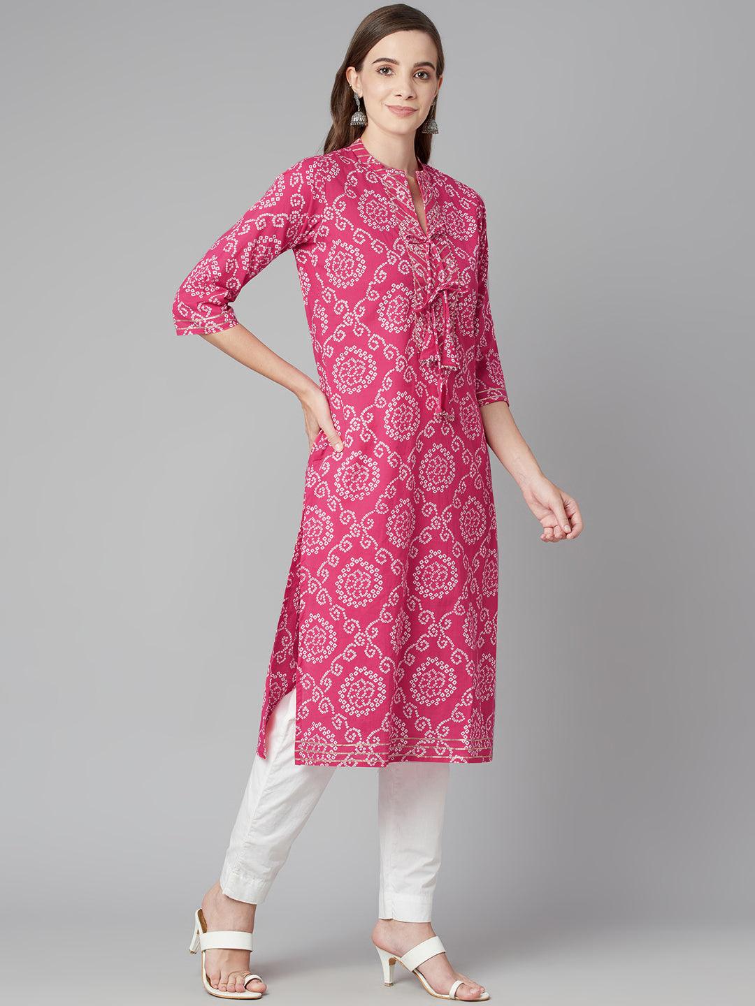  Pink Bandhej Straight Kurta -  world
