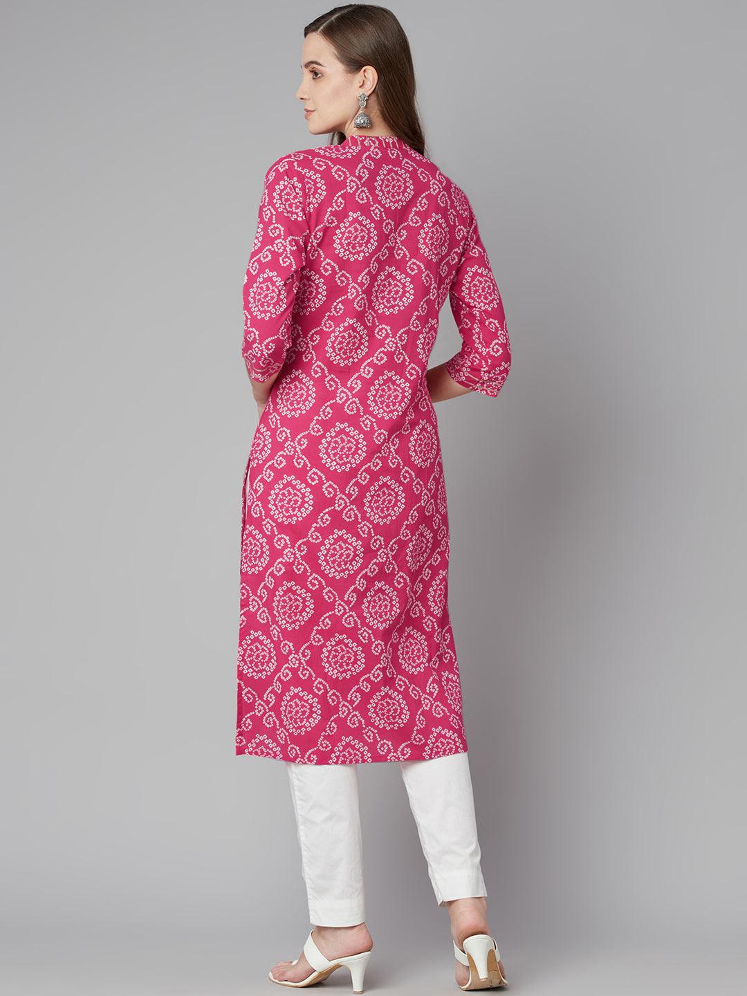  Pink Bandhej Straight Kurta -  world