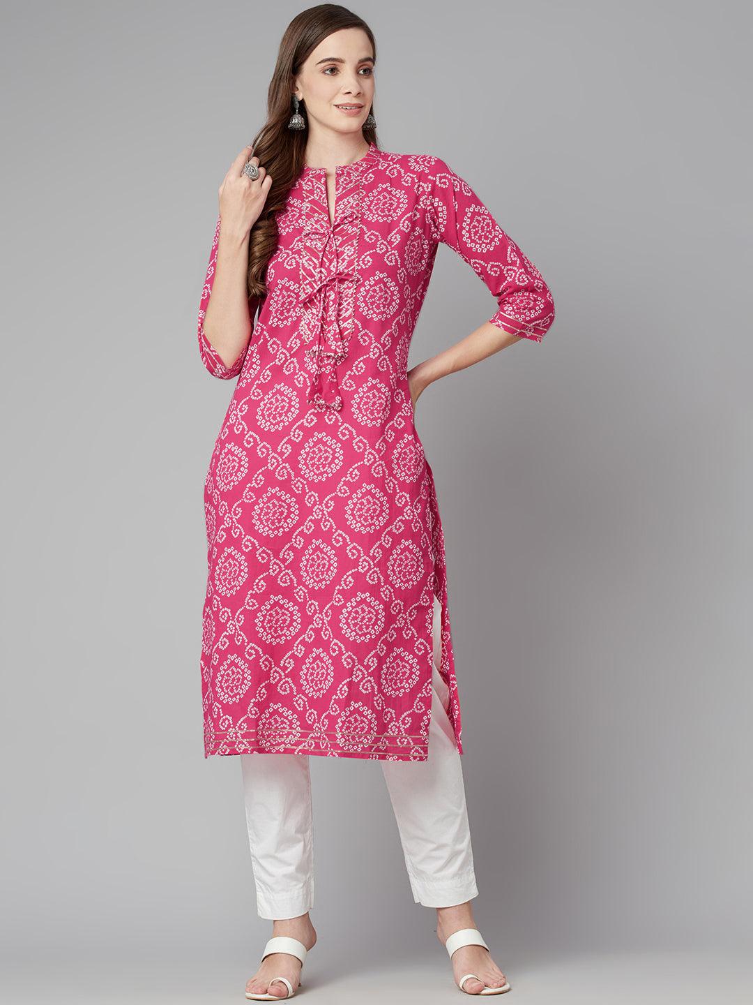 Pink Bandhej Straight Kurta -  world