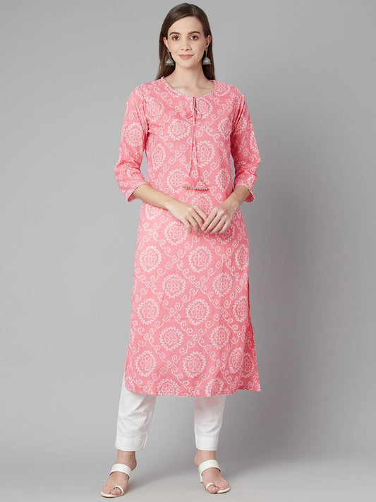  Baby Pink Bandhej Straight Kurta -  world
