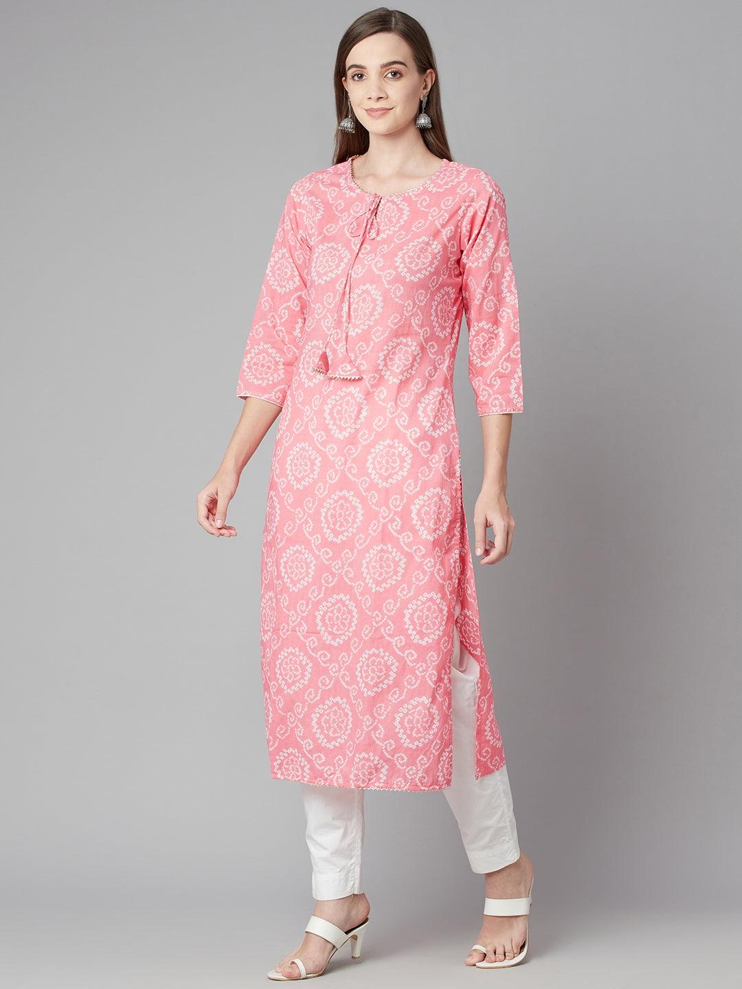  Baby Pink Bandhej Straight Kurta -  world