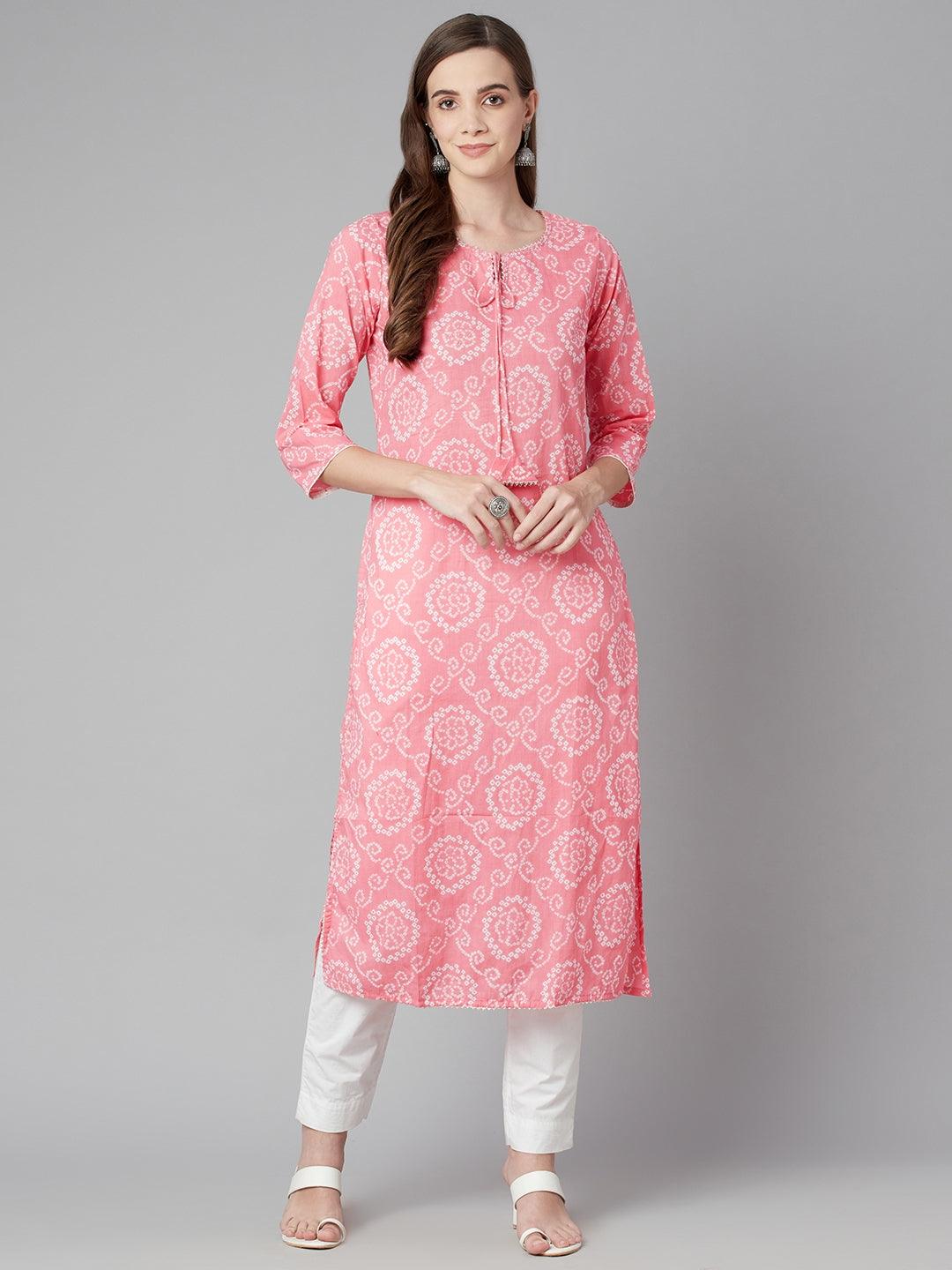  Baby Pink Bandhej Straight Kurta -  world
