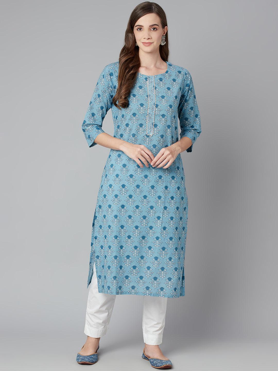  Sky blue Floral Straight Kurta -  world