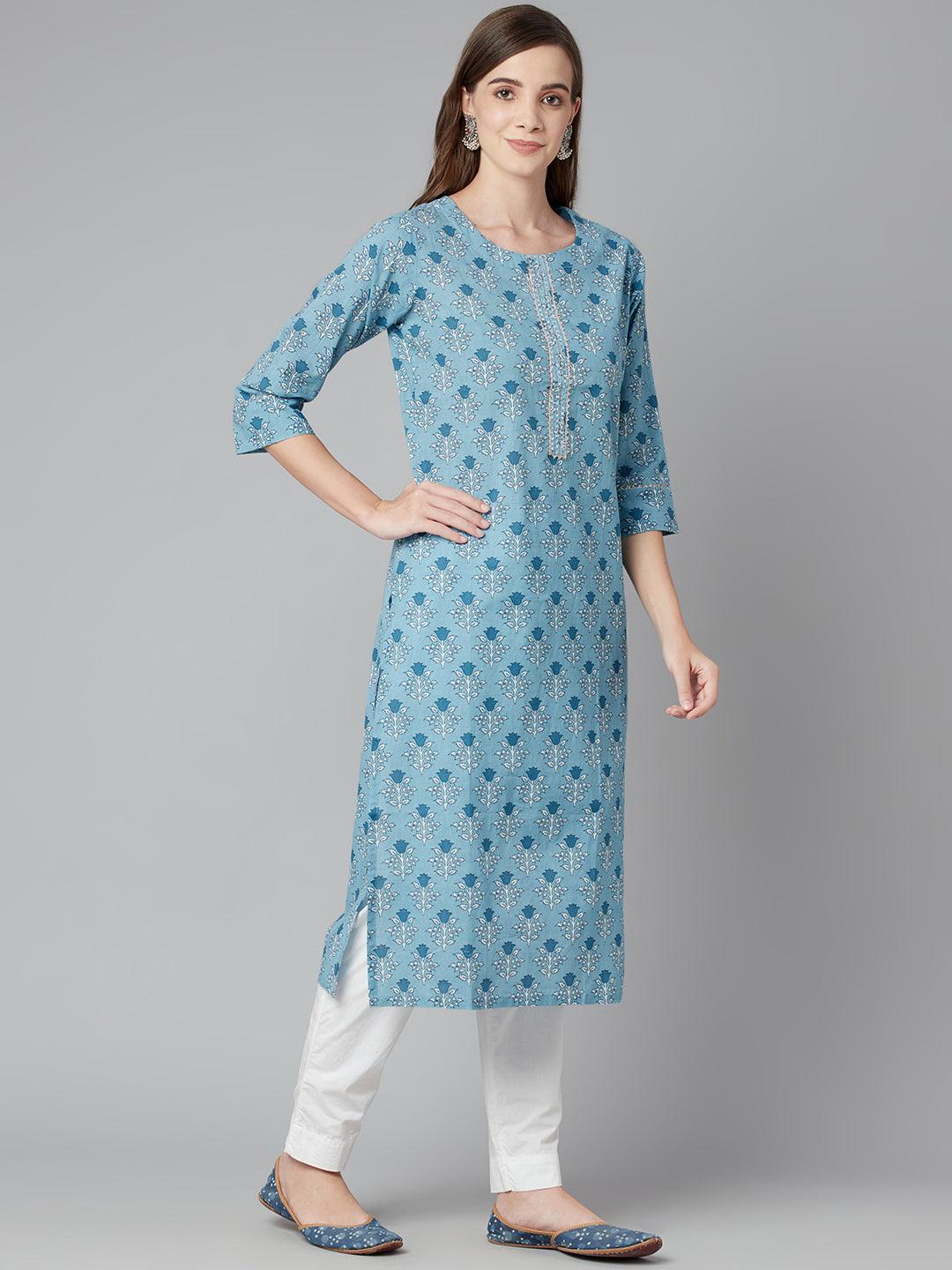  Sky blue Floral Straight Kurta -  world