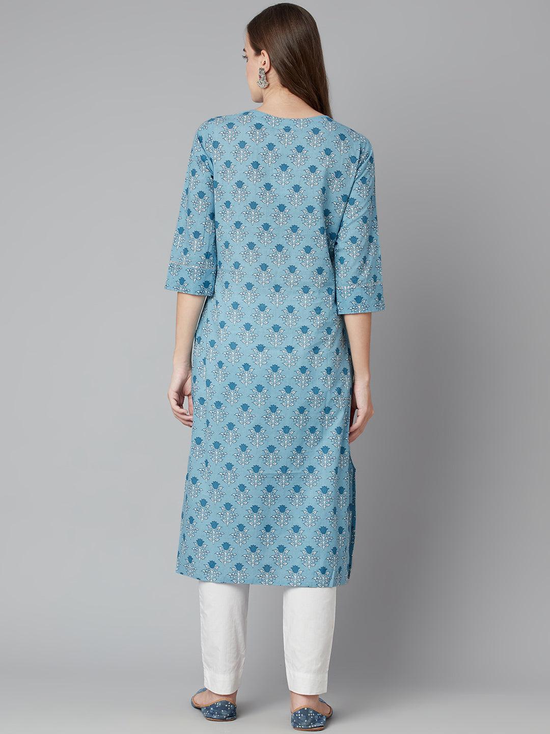  Sky blue Floral Straight Kurta -  world