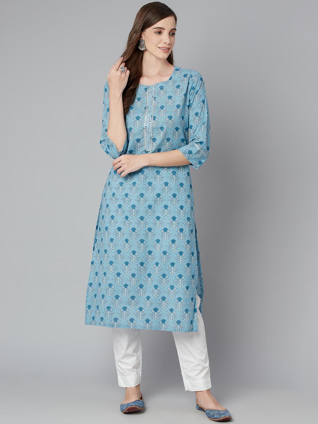  Sky blue Floral Straight Kurta -  world