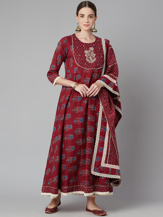  Red Floral Anarkali Cotton Kurta pant set with dupatta -  world