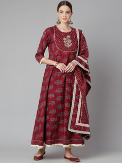 Red Floral Anarkali Cotton Kurta pant set with dupatta