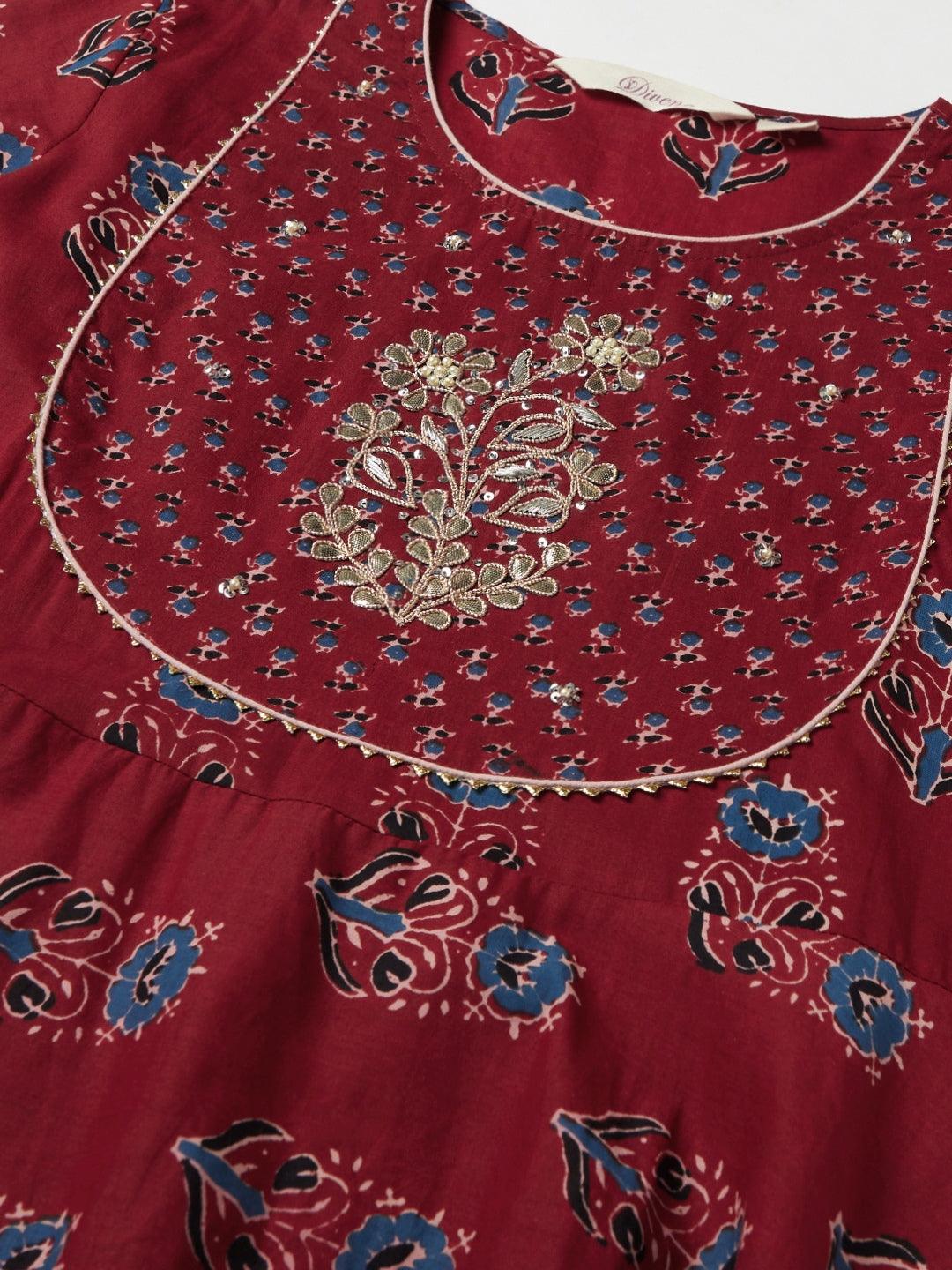  Red Floral Anarkali Cotton Kurta pant set with dupatta -  world