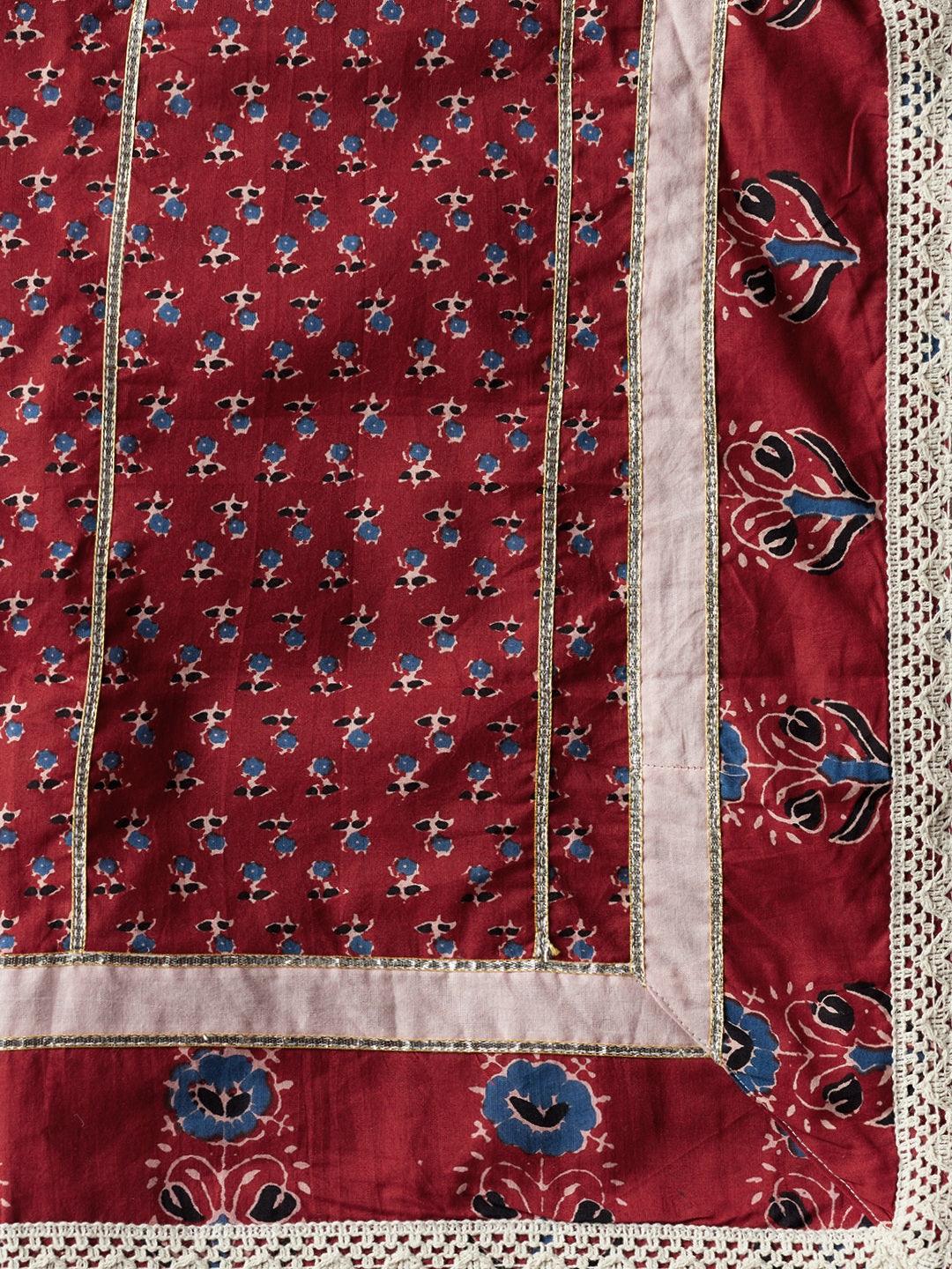  Red Floral Anarkali Cotton Kurta pant set with dupatta -  world