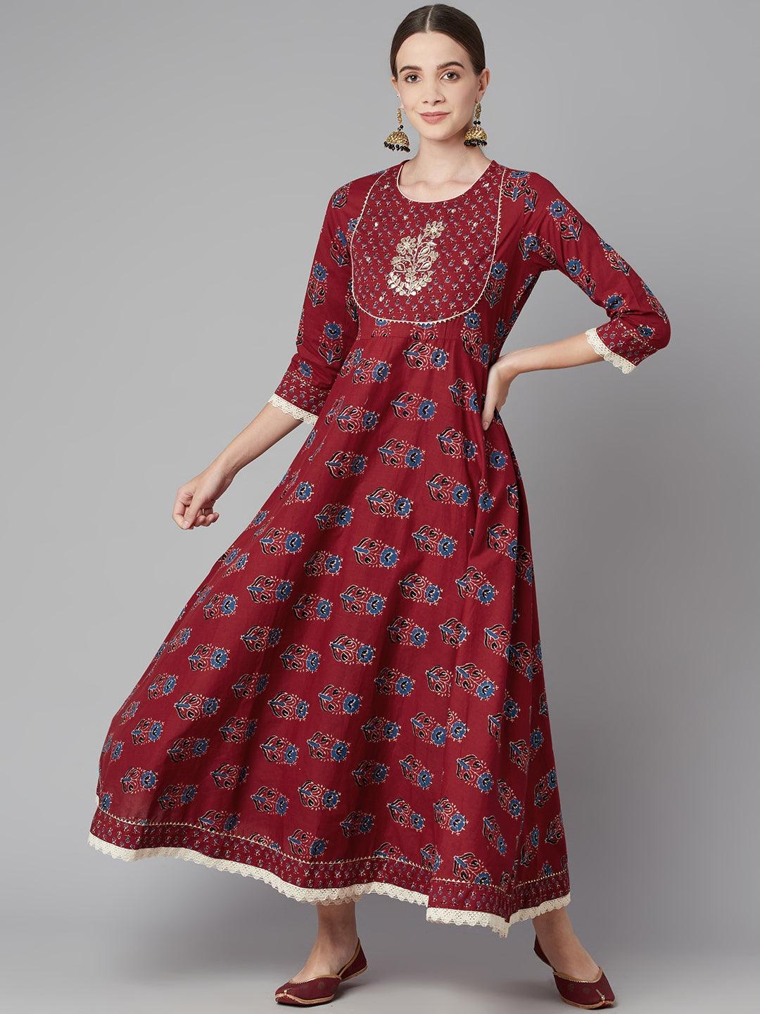  Red Floral Anarkali Cotton Kurta pant set with dupatta -  world