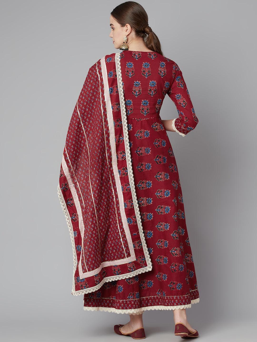  Red Floral Anarkali Cotton Kurta pant set with dupatta -  world