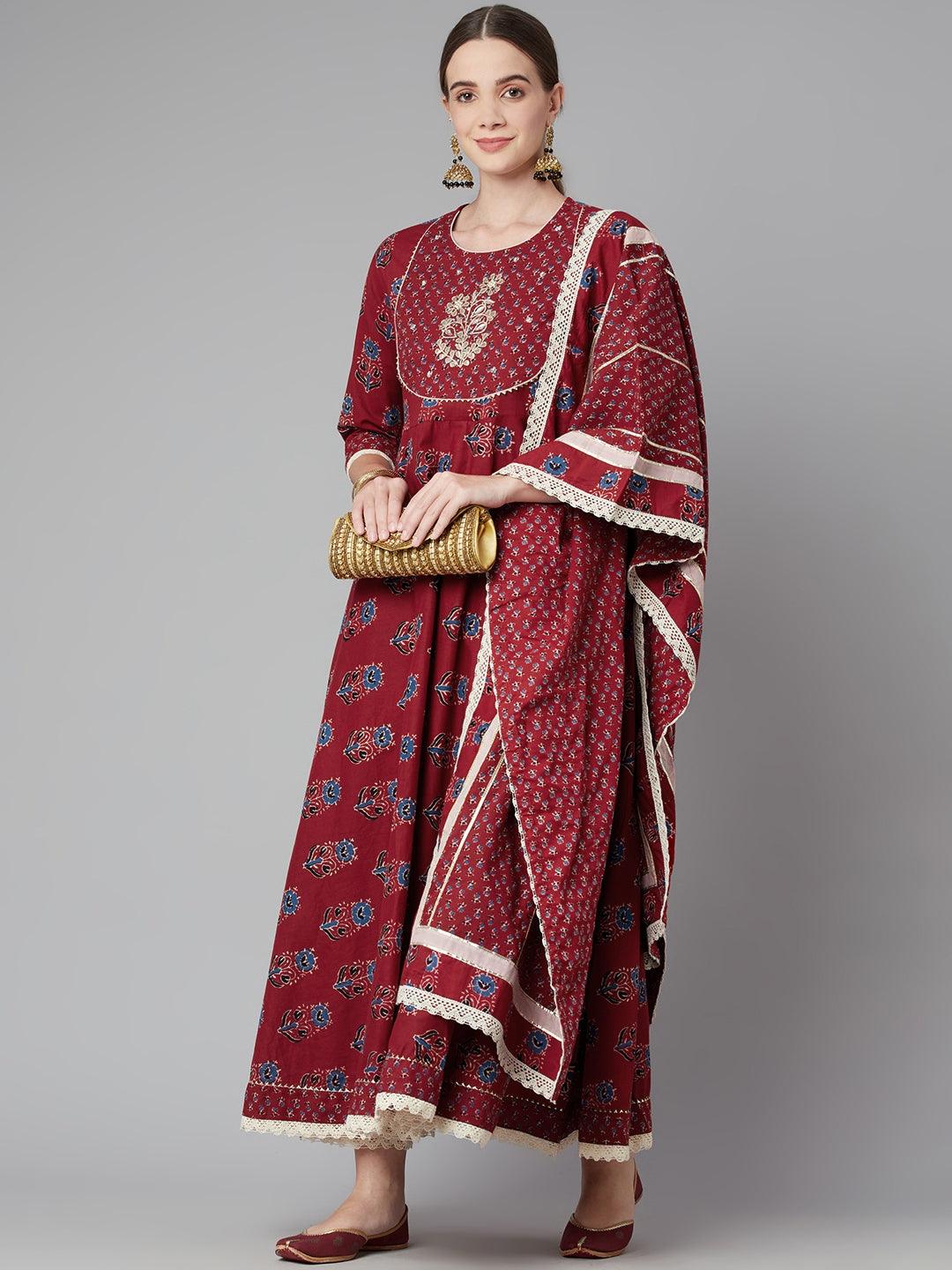  Red Floral Anarkali Cotton Kurta pant set with dupatta -  world