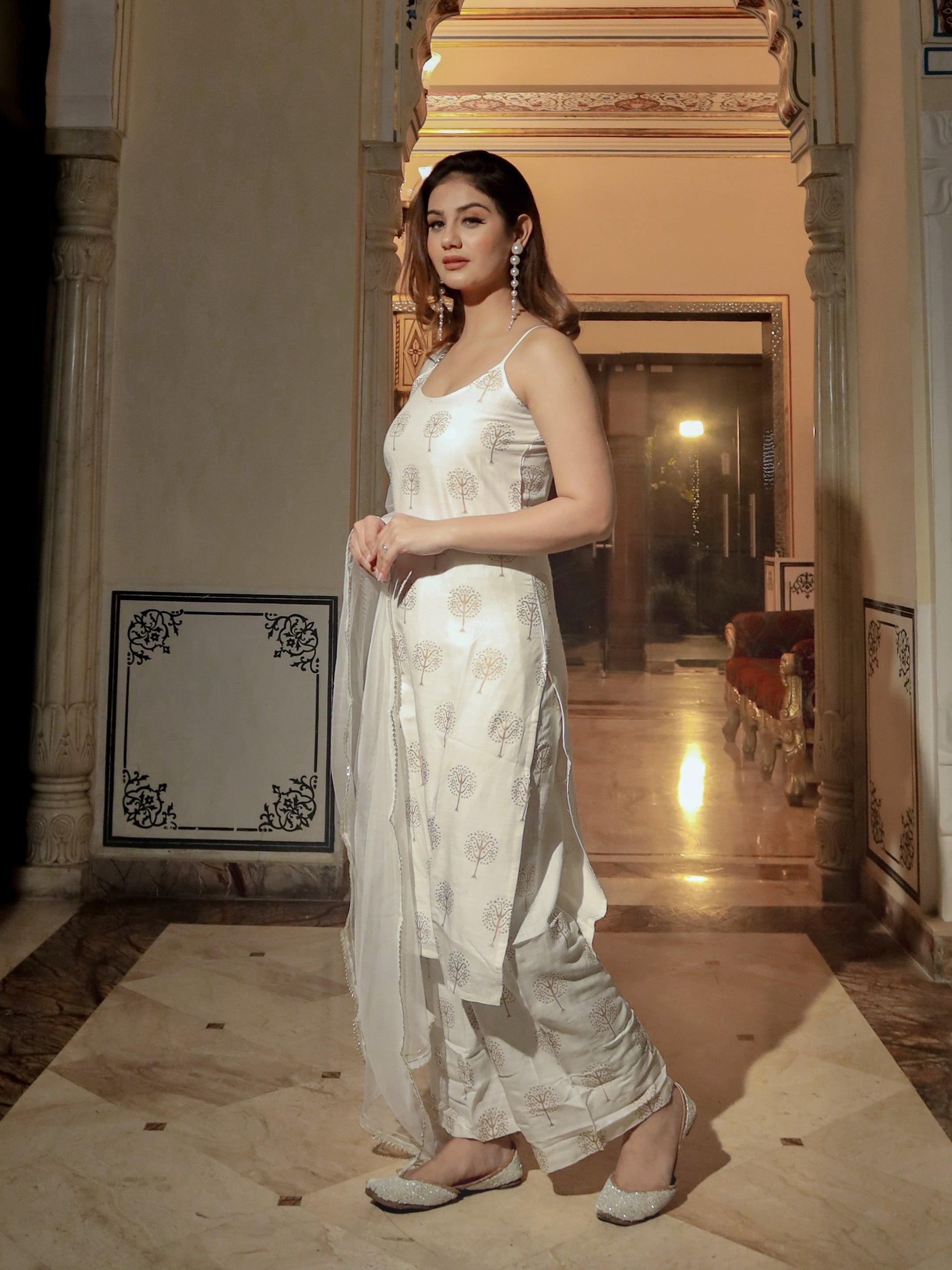  white shoulder strip Kurta Palazoo set with net Dupatta - world.com