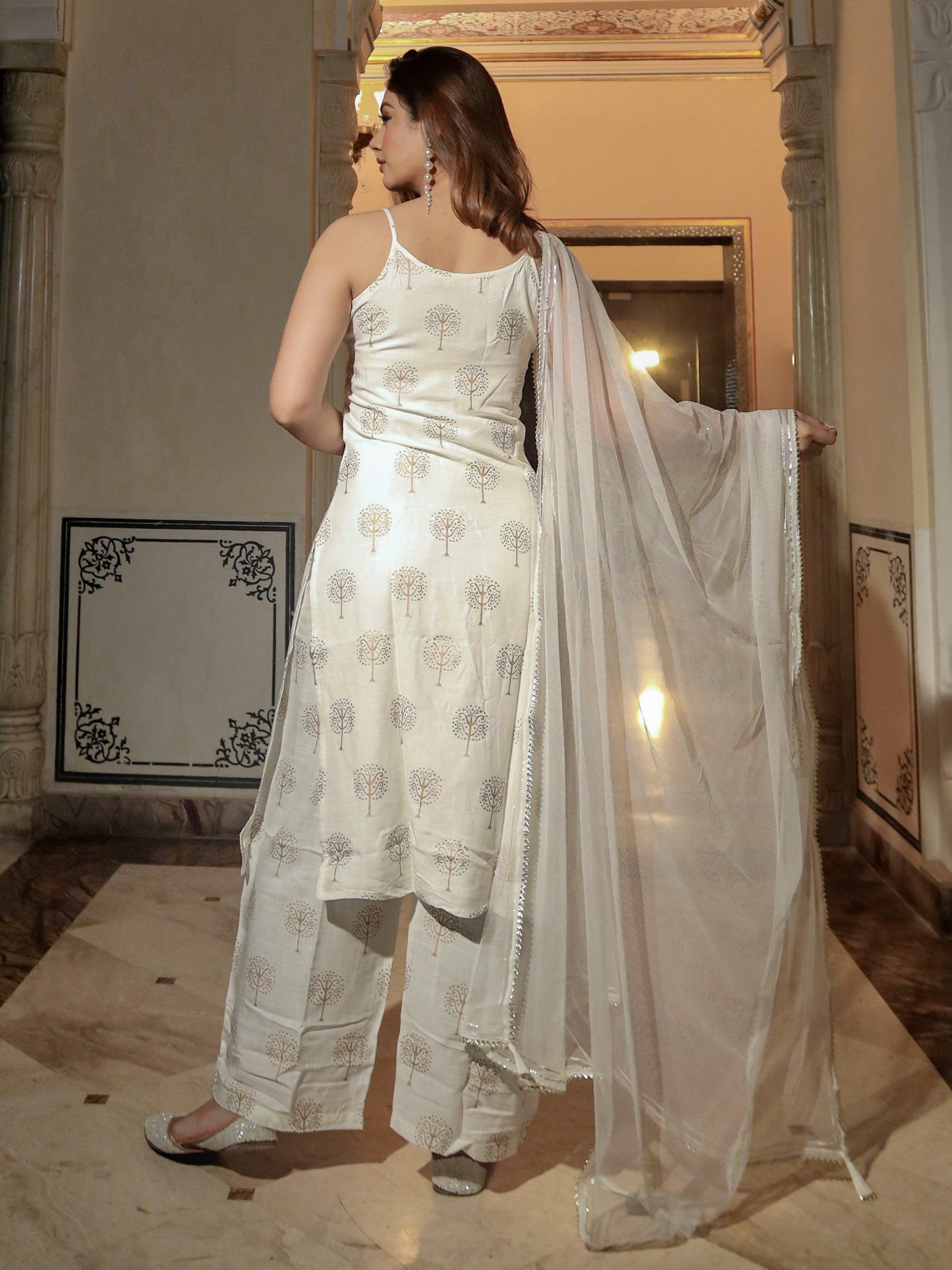  white shoulder strip Kurta Palazoo set with net Dupatta - world.com