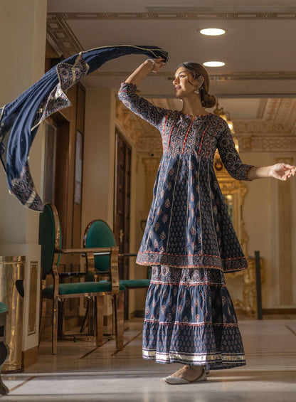 Indigo Cotton Short kurti Sharara set with Dupatta - world.com