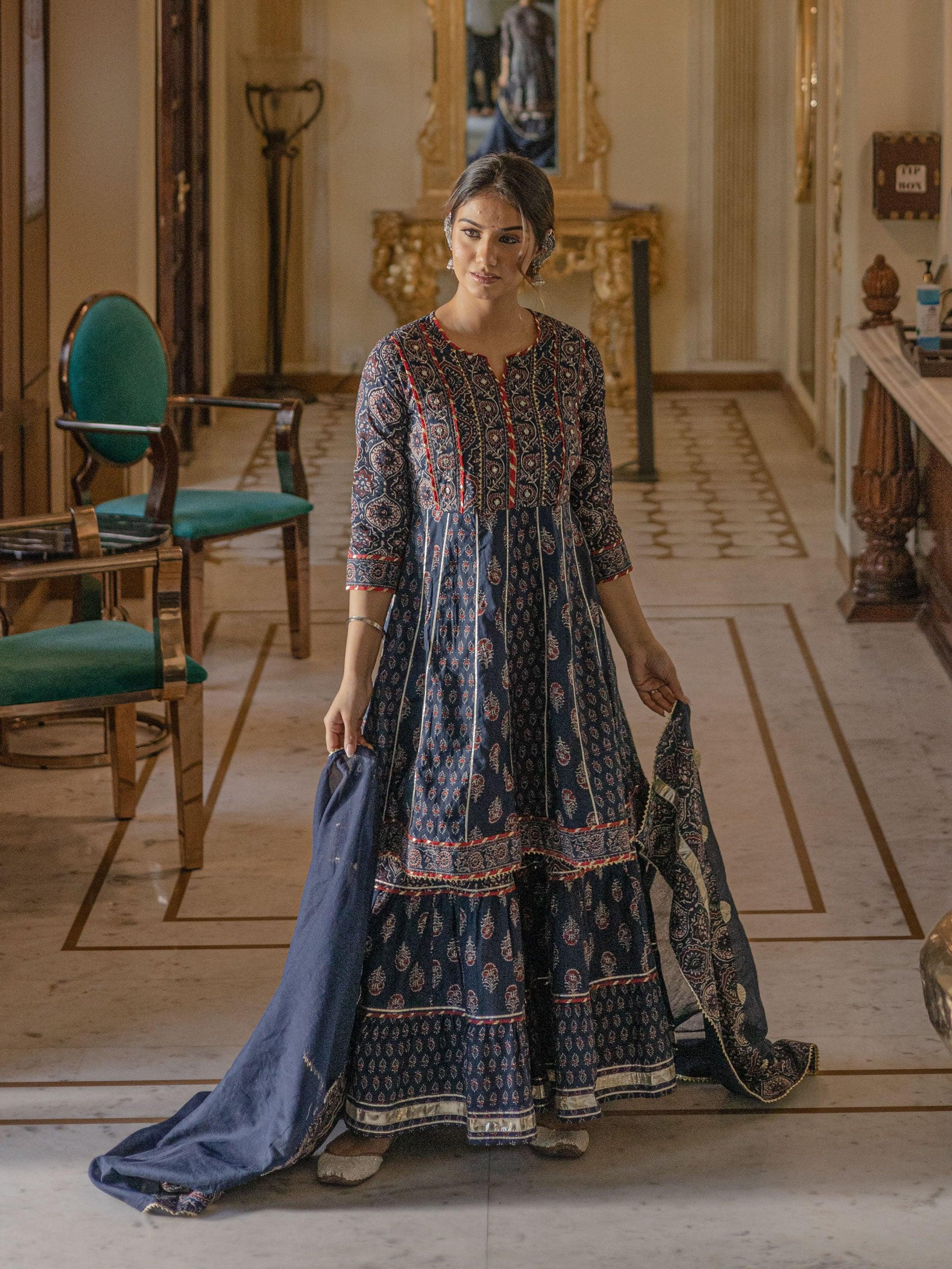  Indigo Cotton Short kurti Sharara set with Dupatta - world.com