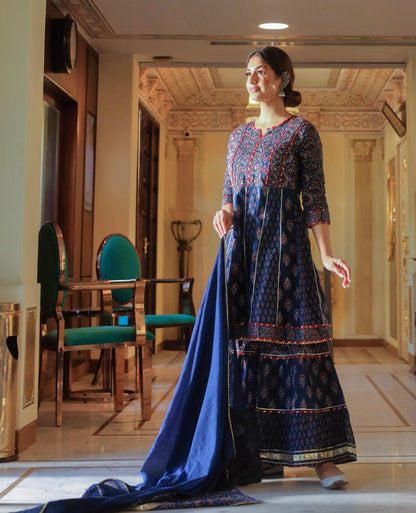  Indigo Cotton Short kurti Sharara set with Dupatta - world.com