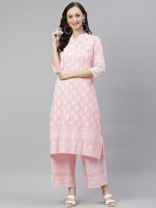  Baby Pink Cotton Kurta Palazzo Set -  world
