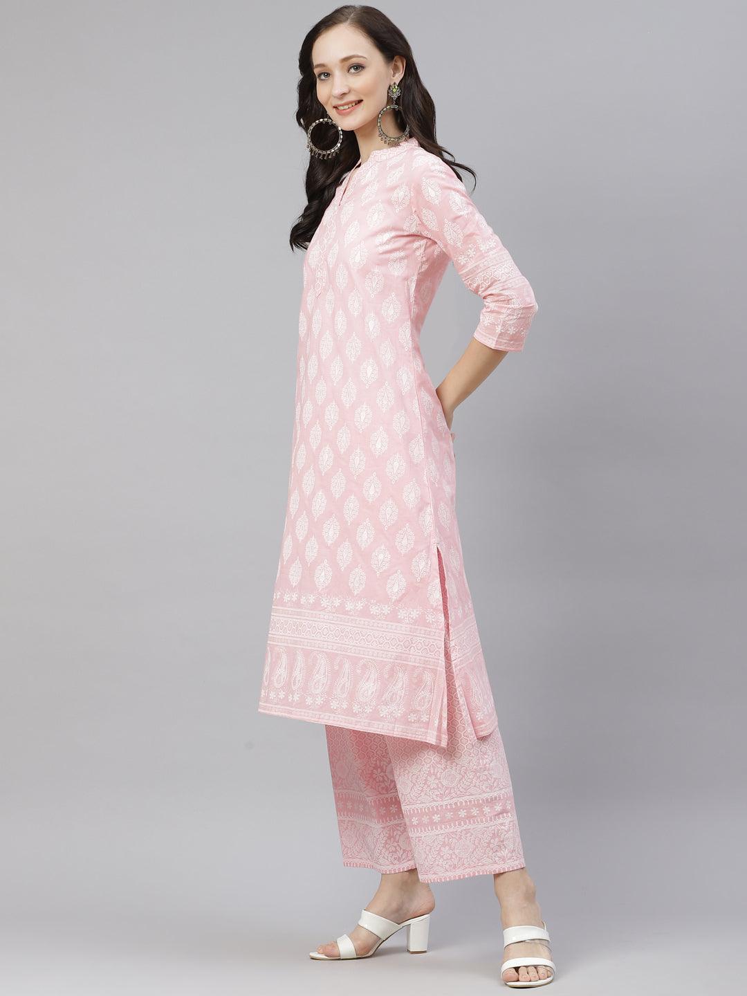  Baby Pink Cotton Kurta Palazzo Set -  world