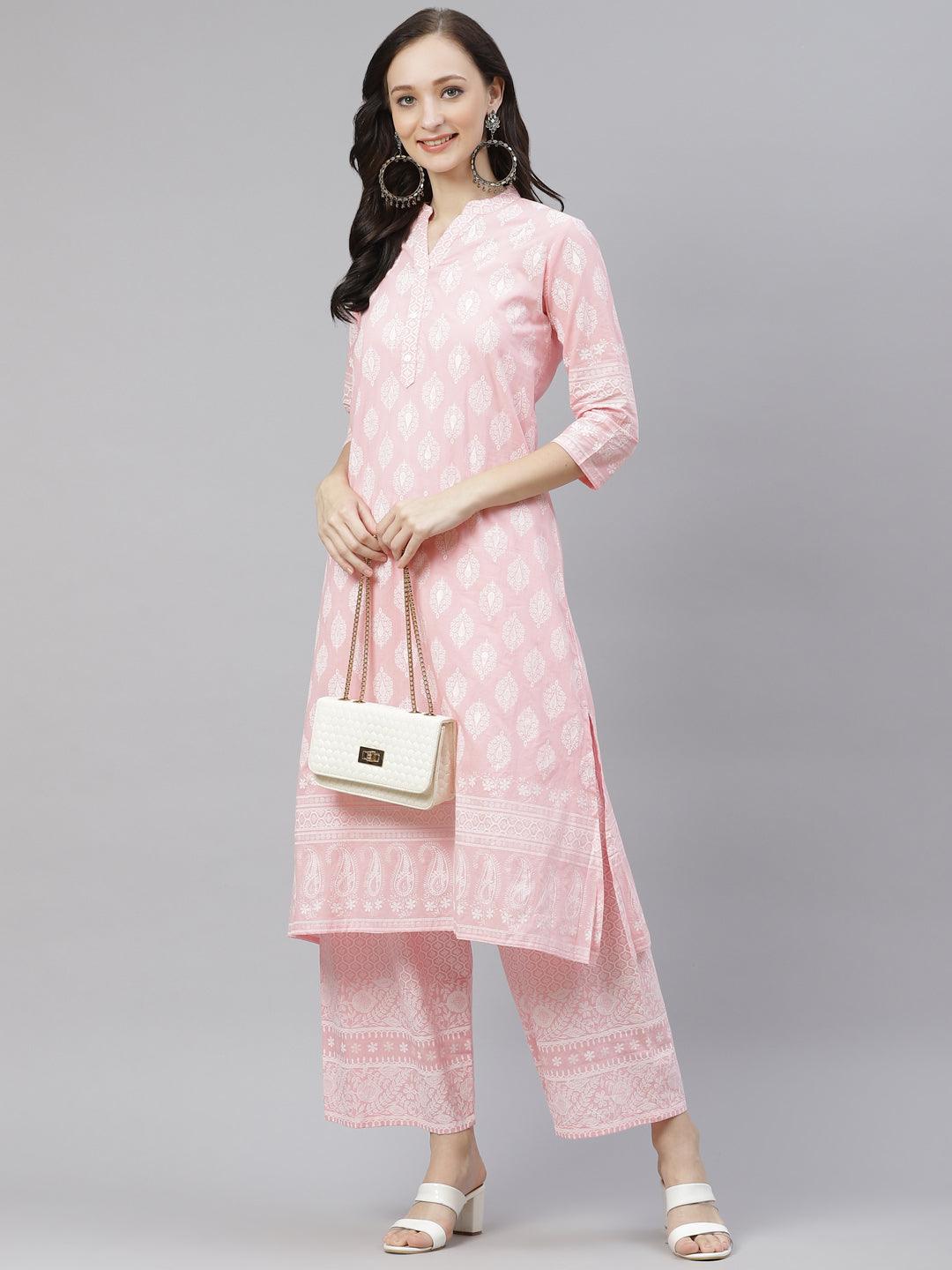  Baby Pink Cotton Kurta Palazzo Set -  world