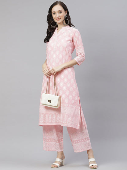 Baby Pink Cotton Kurta Palazzo Set -  world