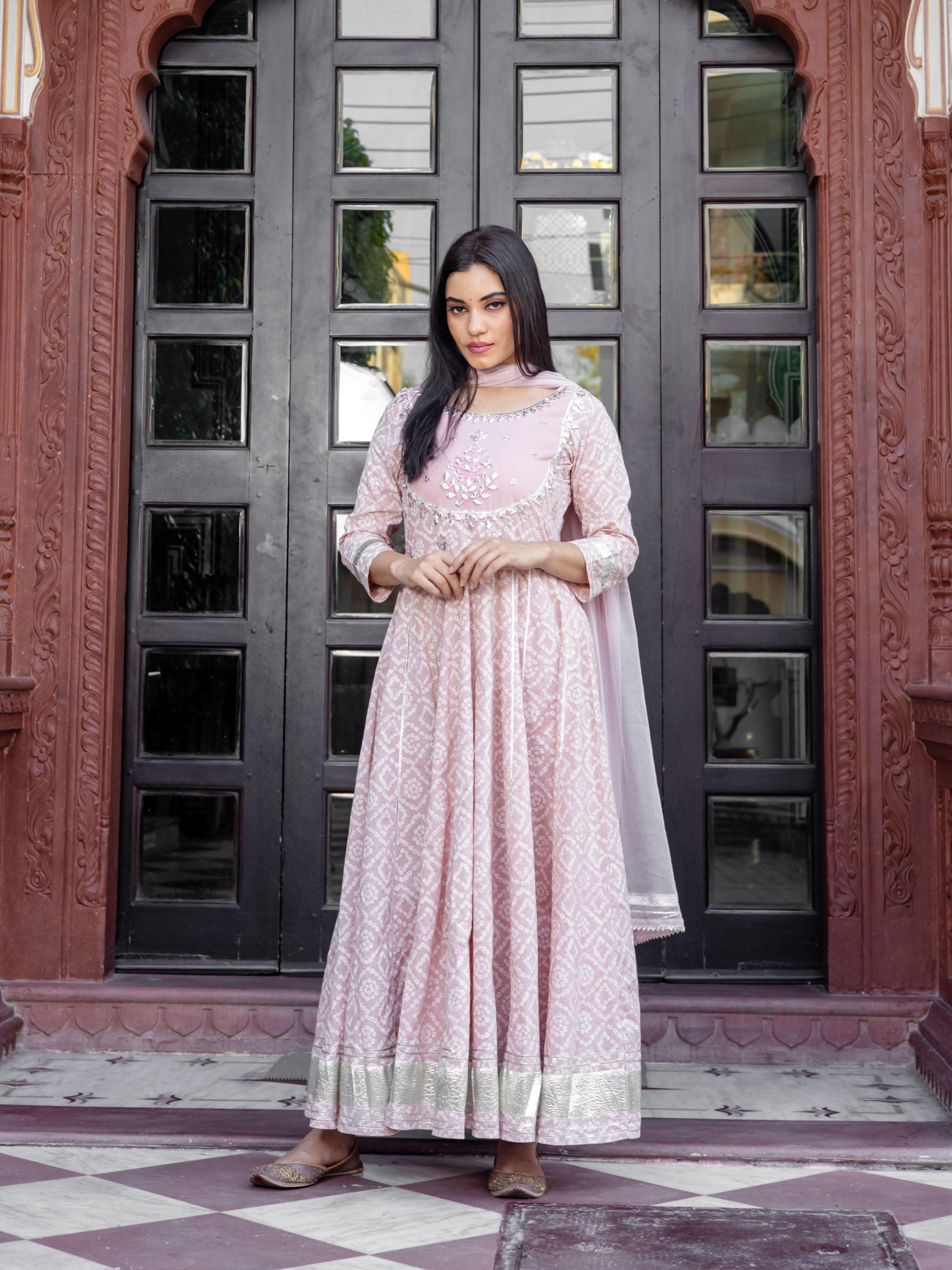  Light Pink Cotton Anarkali Gown Pant set with Net Dupatta - world.com