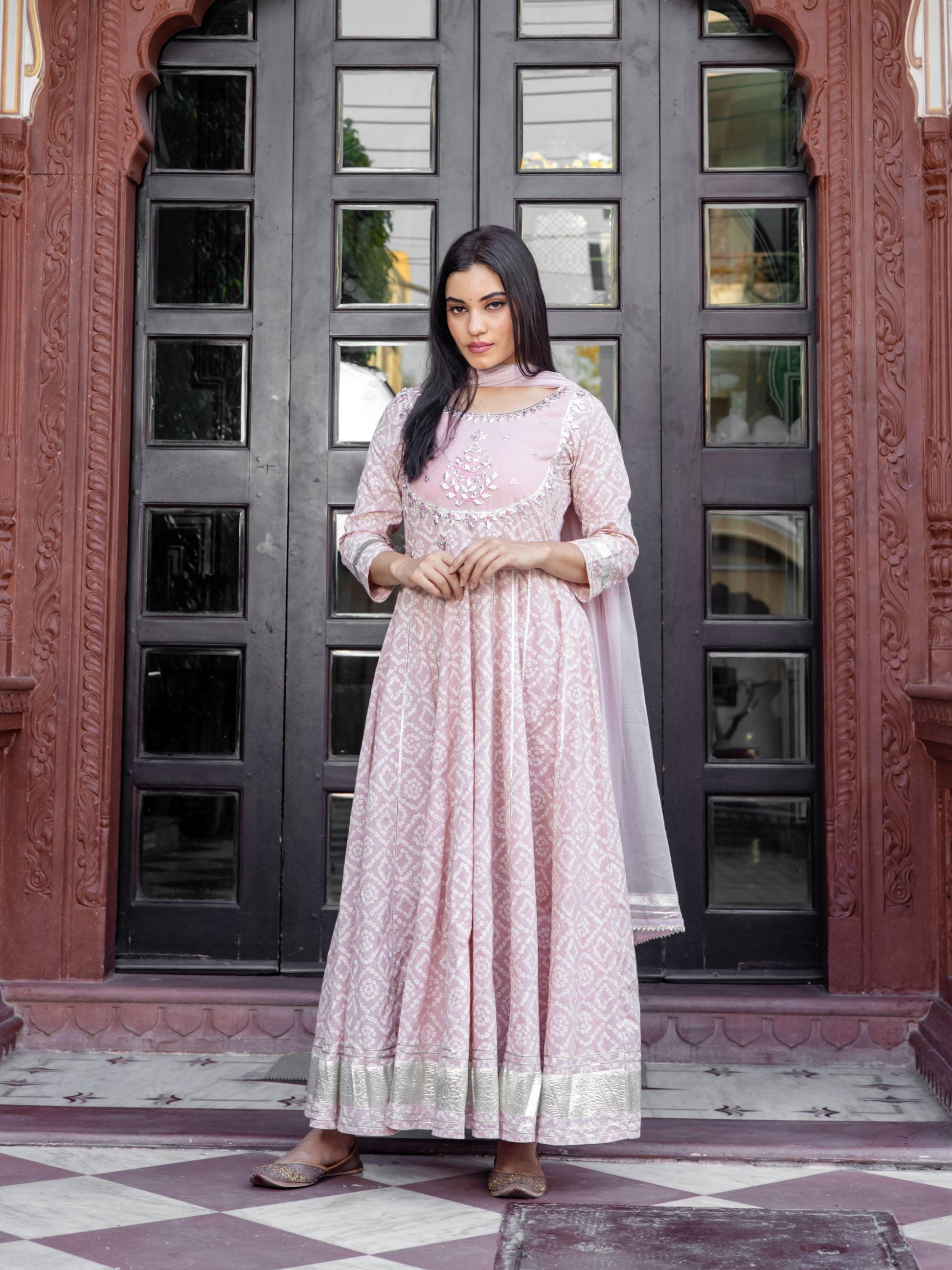  Light Pink Cotton Anarkali Gown Pant set with Net Dupatta - world.com