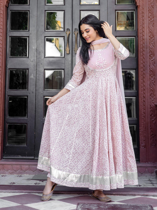  Light Pink Cotton Anarkali Gown Pant set with Net Dupatta - world.com