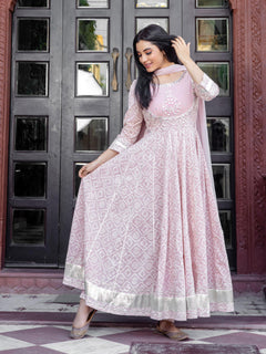 Light Pink Cotton Anarkali Kurta Pant set with Net Dupatta