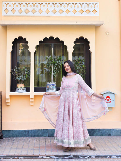  Light Pink Cotton Anarkali Gown Pant set with Net Dupatta - world.com