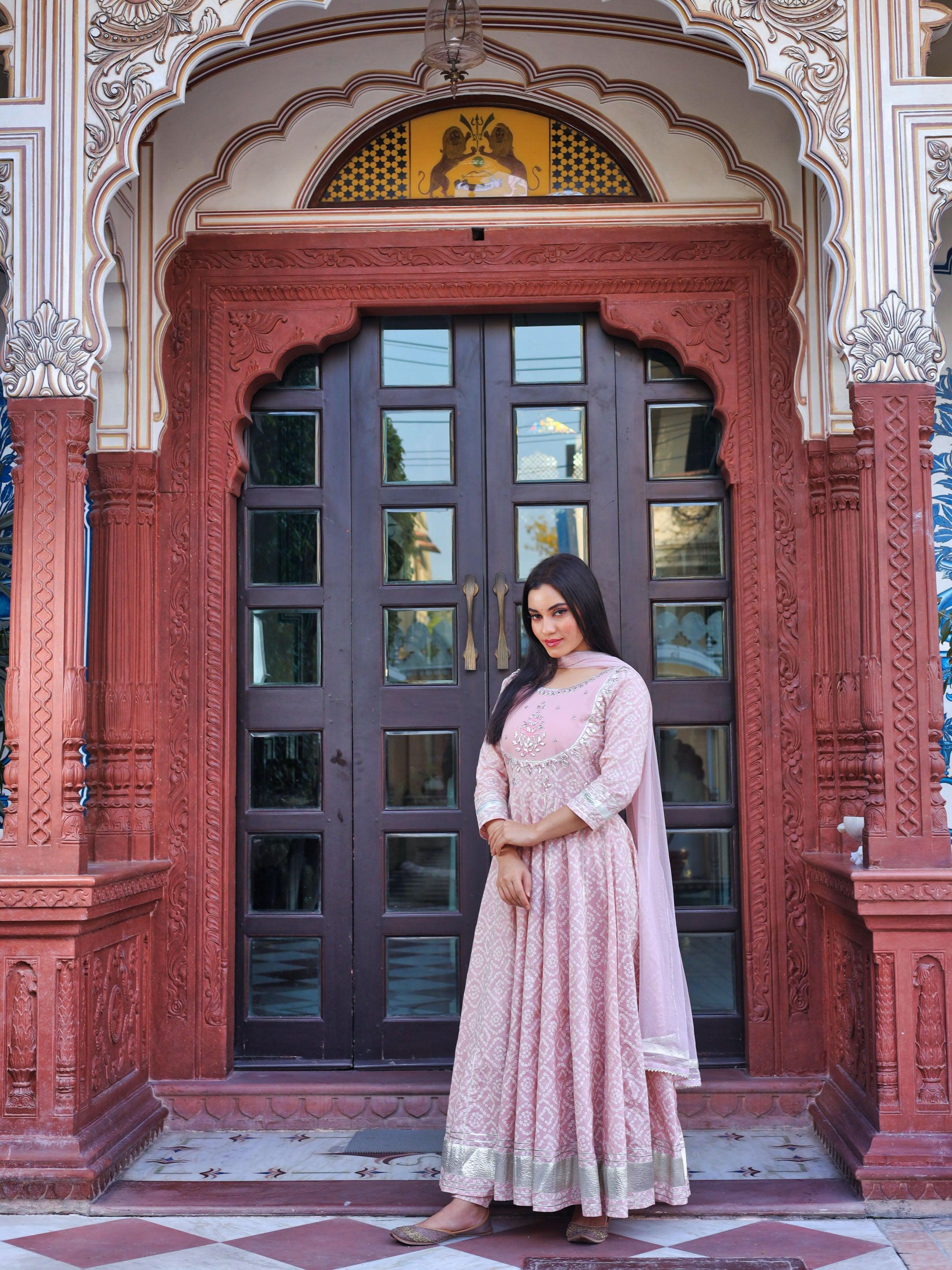  Light Pink Cotton Anarkali Gown Pant set with Net Dupatta - world.com