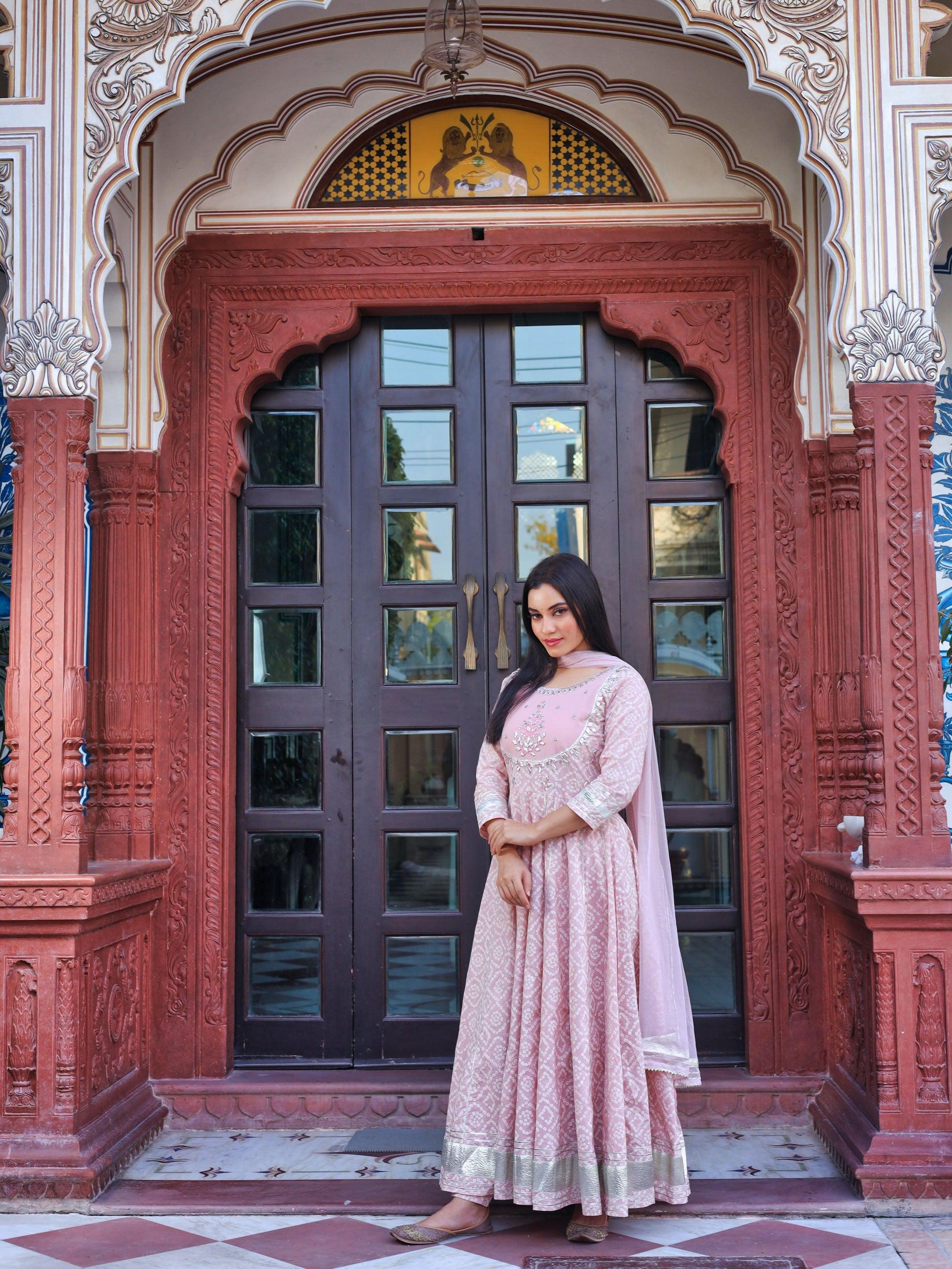  Light Pink Cotton Anarkali Gown Pant set with Net Dupatta - world.com