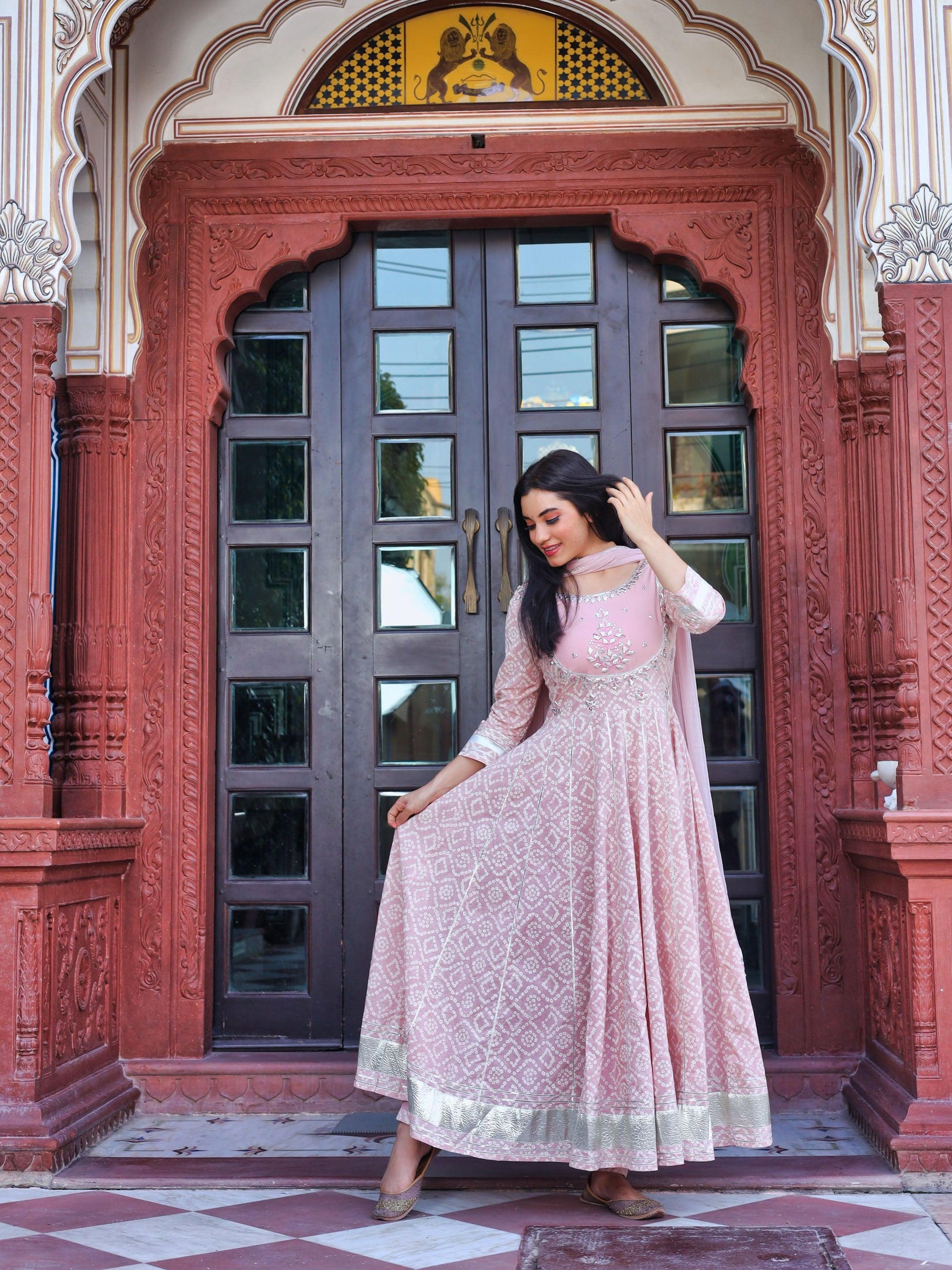  Light Pink Cotton Anarkali Gown Pant set with Net Dupatta - world.com