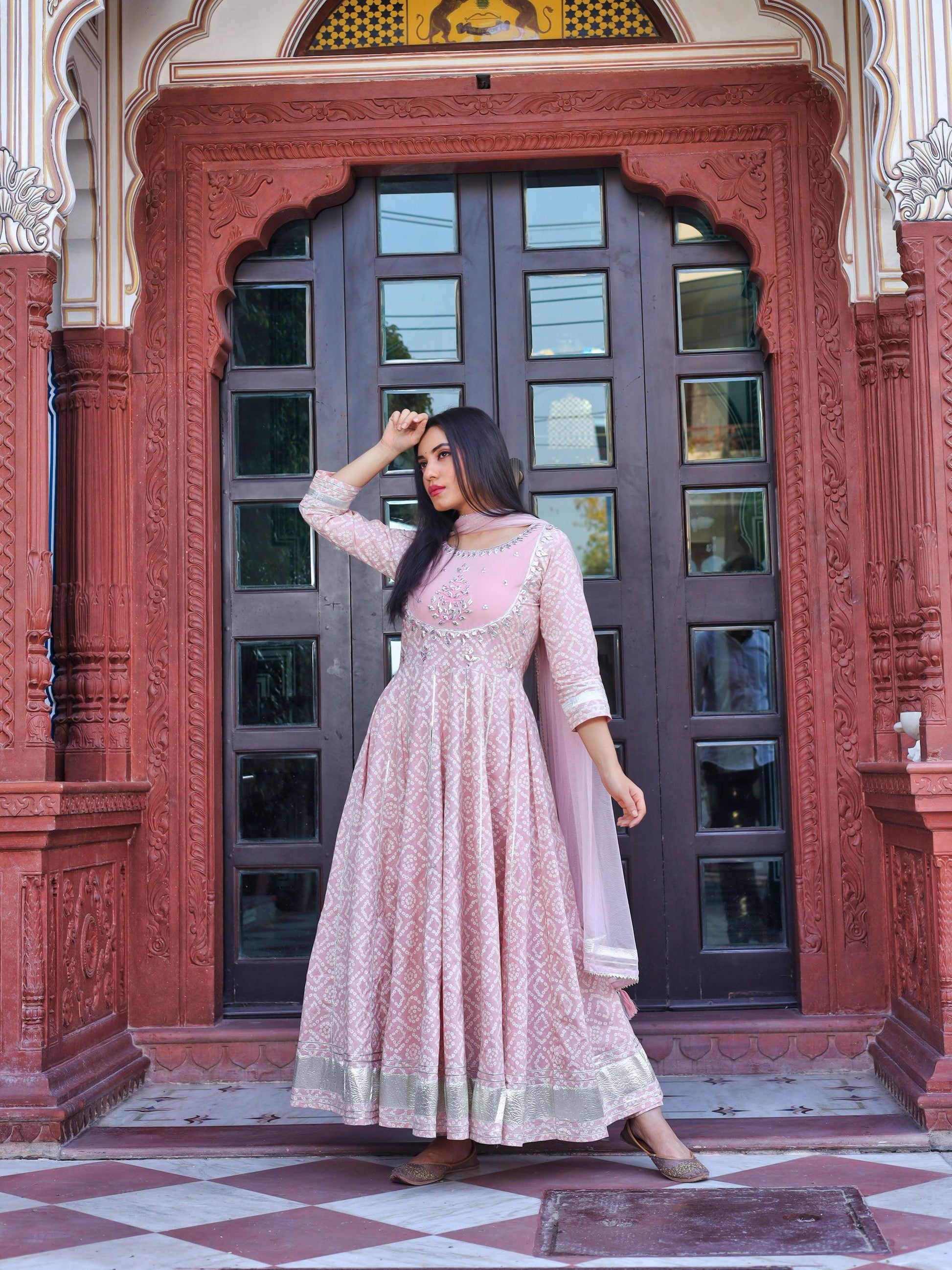  Light Pink Cotton Anarkali Gown Pant set with Net Dupatta - world.com