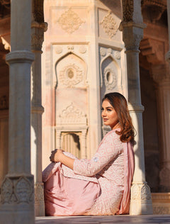 Light Pink Cotton Straight Kurta Palazzo set with Dupatta