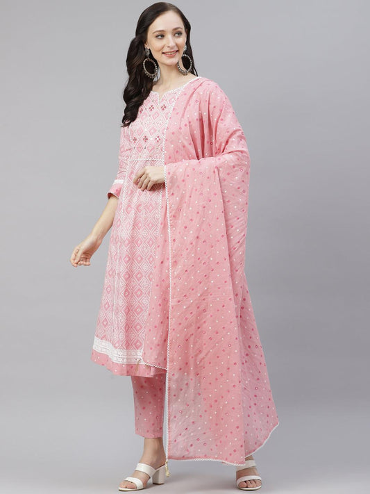  Pink Cotton A-line kurta Pant set with Dupatta -  world