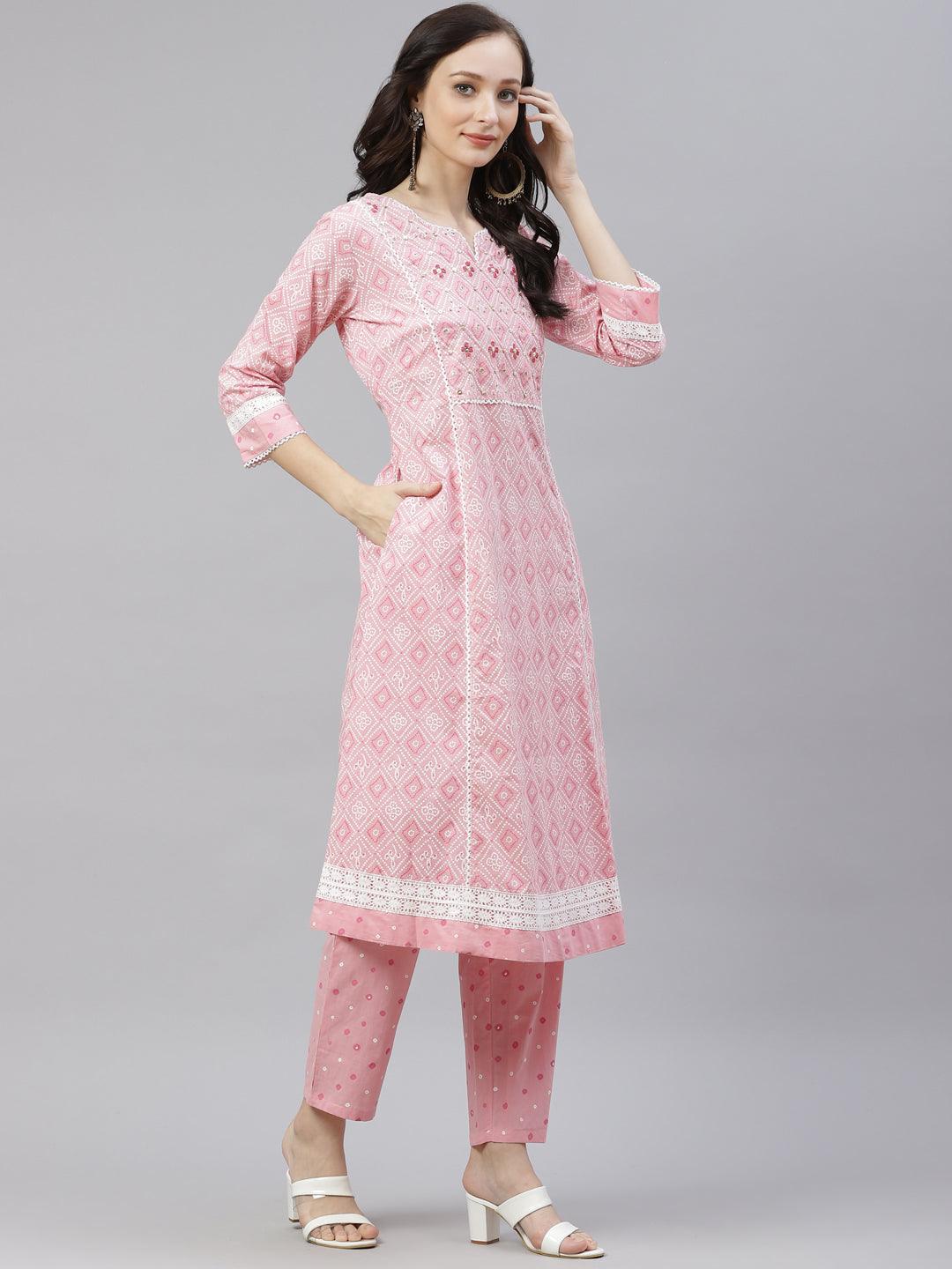  Pink Cotton A-line kurta Pant set with Dupatta -  world