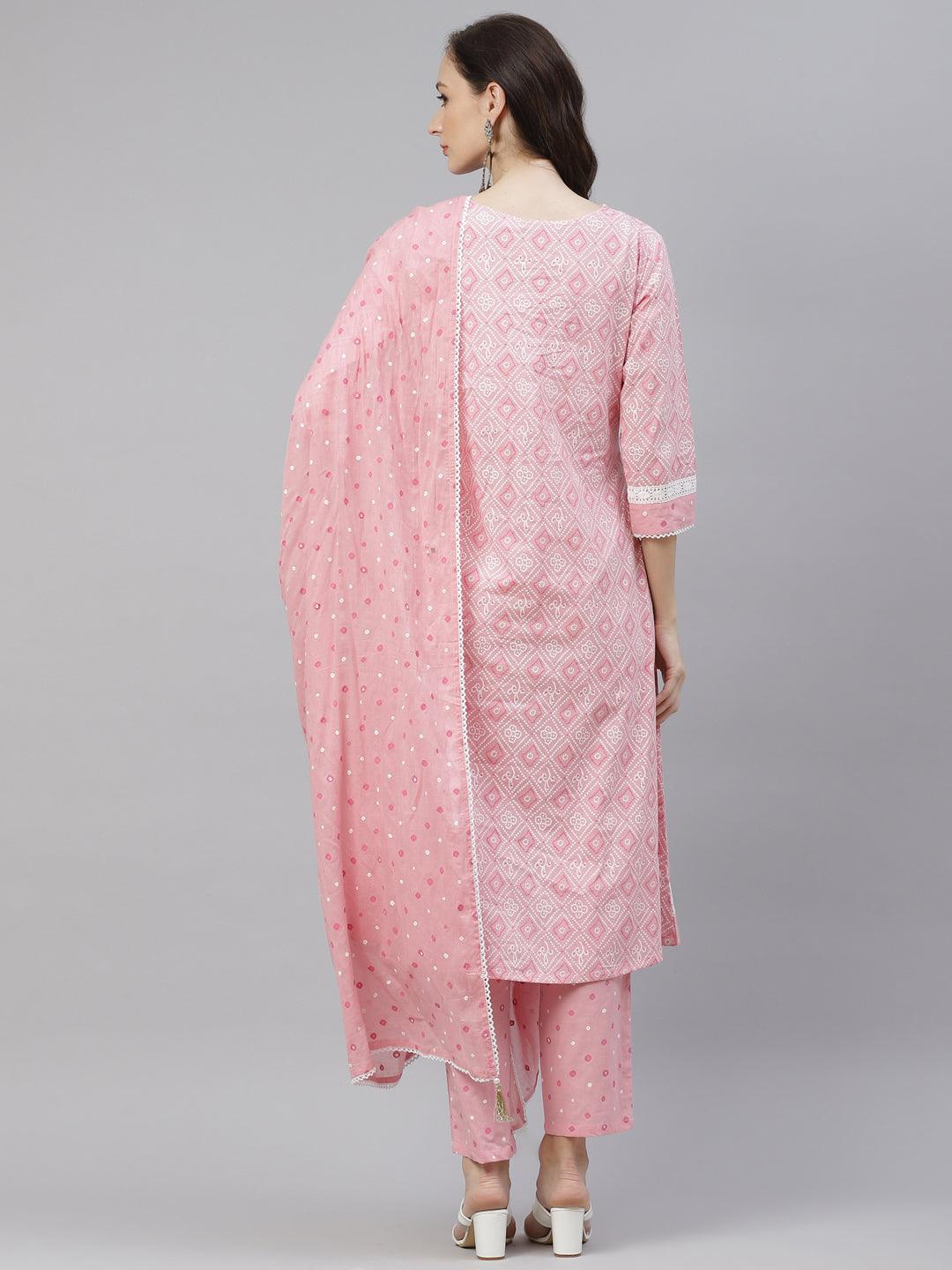  Pink Cotton A-line kurta Pant set with Dupatta -  world