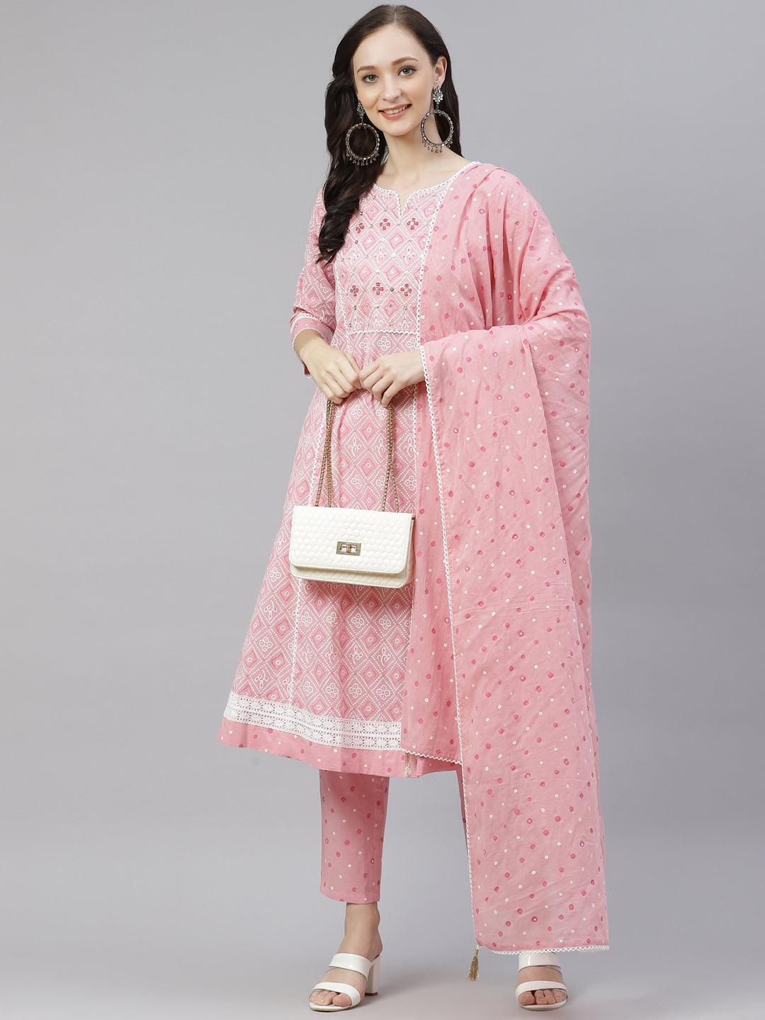  Pink Cotton A-line kurta Pant set with Dupatta -  world