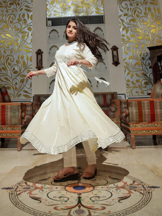  Off White Cotton Anarkali kurta Pant Set - world.com