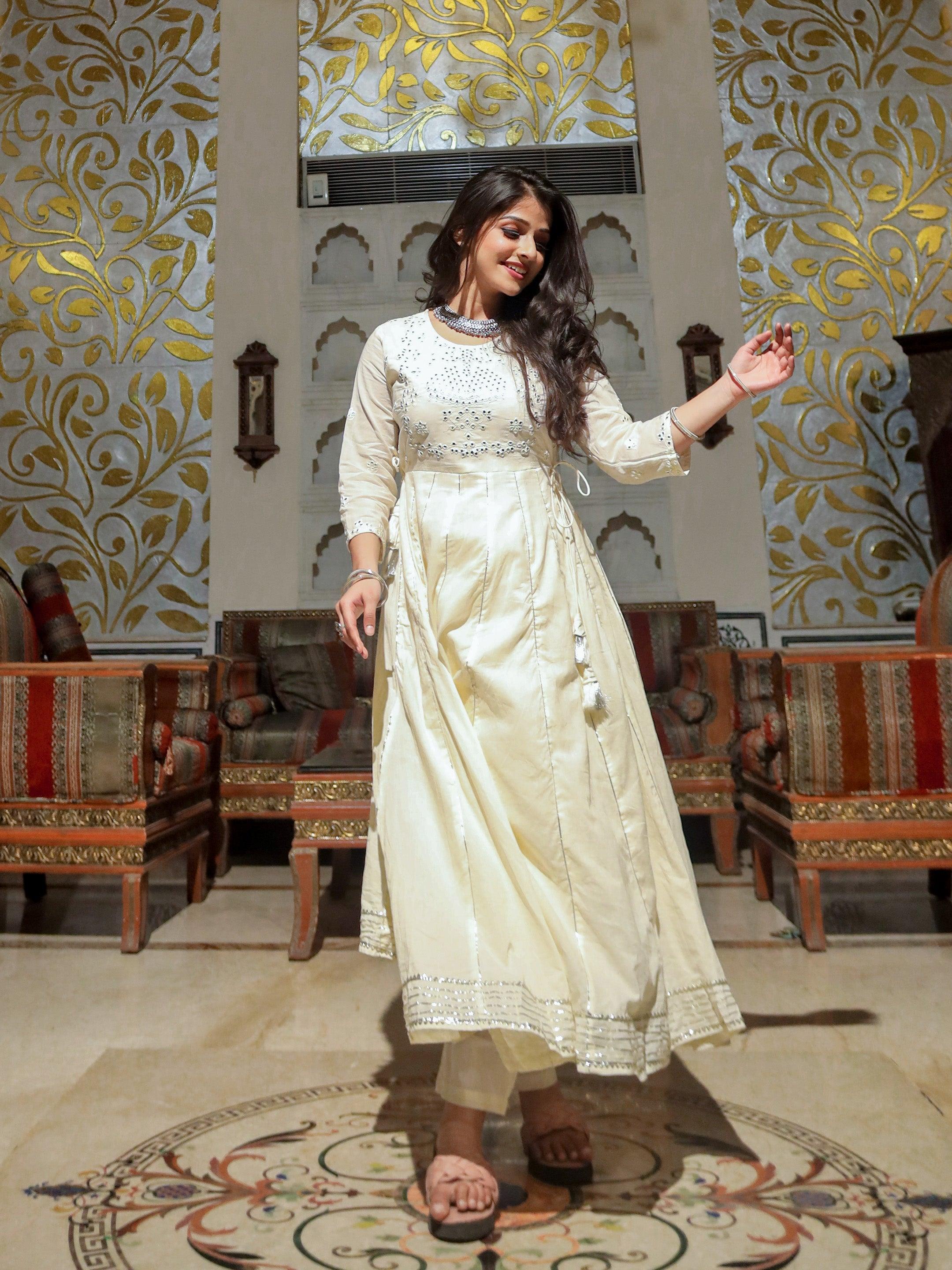  Off White Cotton Anarkali kurta Pant Set - world.com