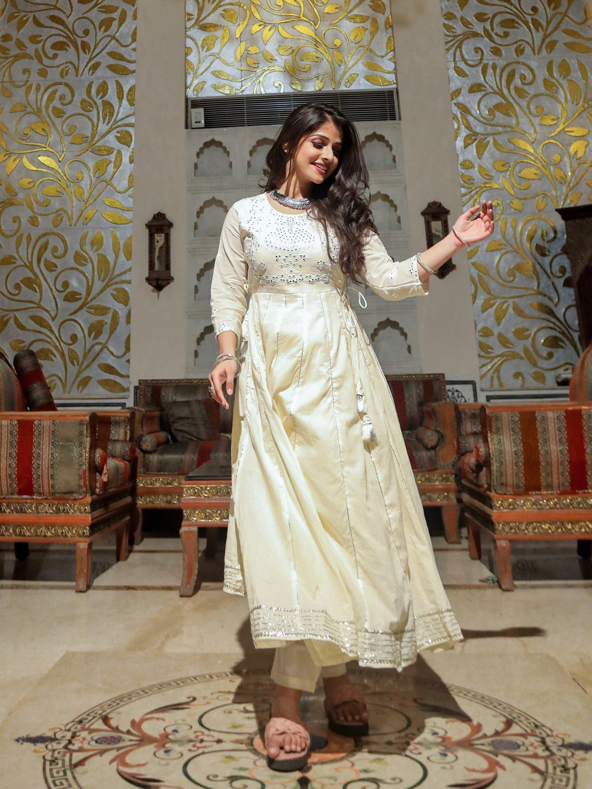  Off White Cotton Anarkali kurta Pant Set - world.com