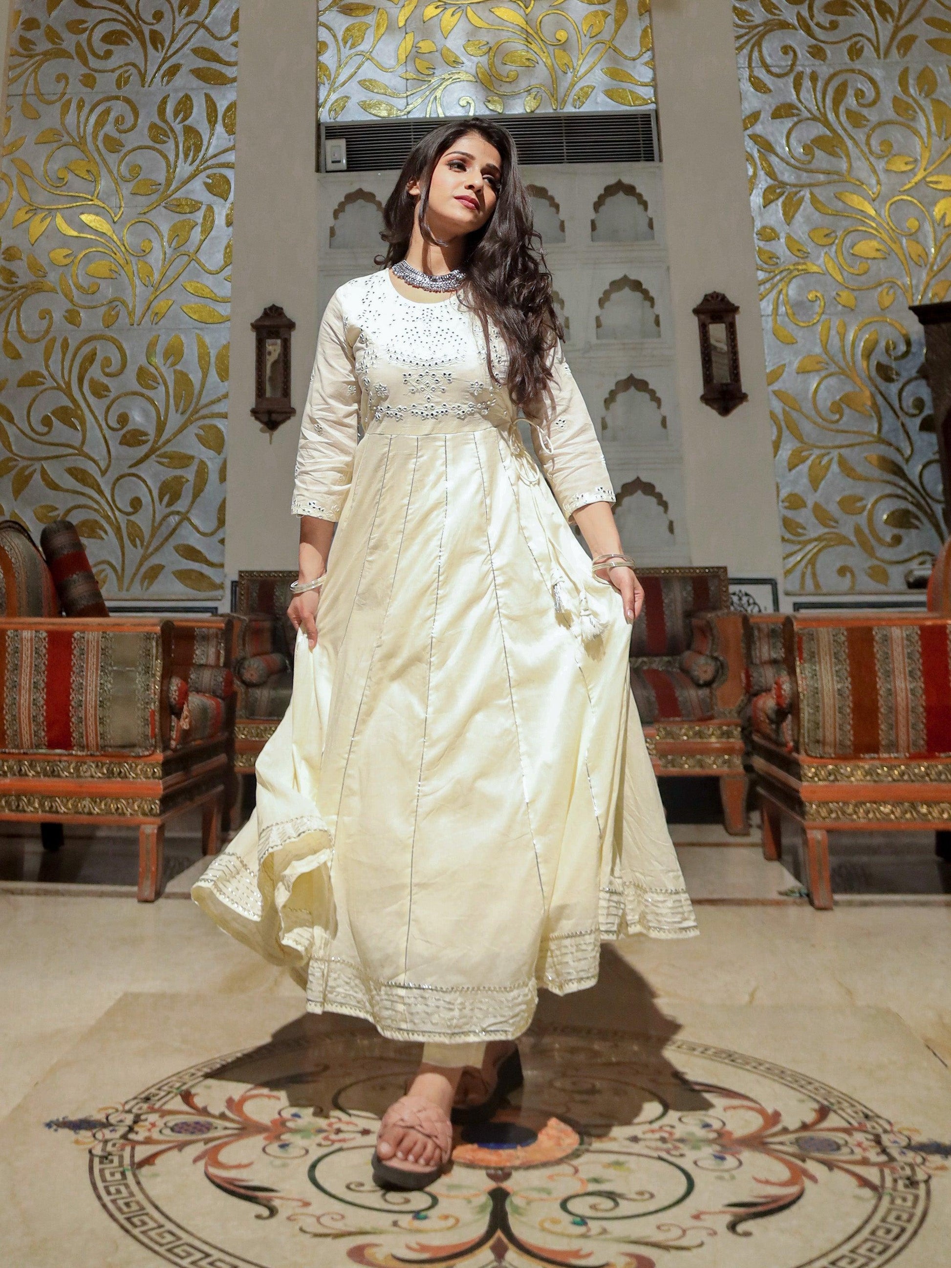 Off White Cotton Anarkali kurta Pant Set - world.com