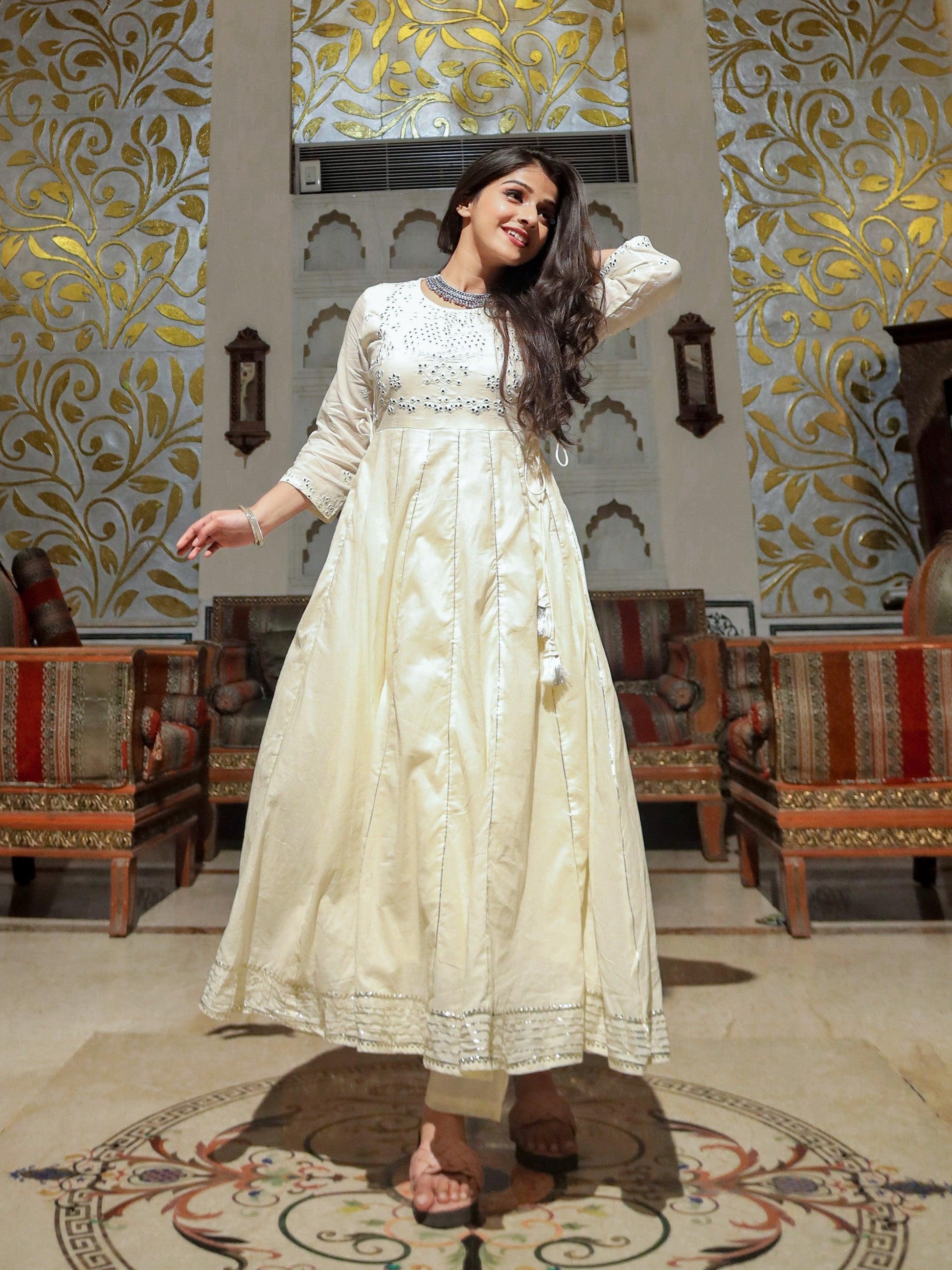  Off White Cotton Anarkali kurta Pant Set - world.com