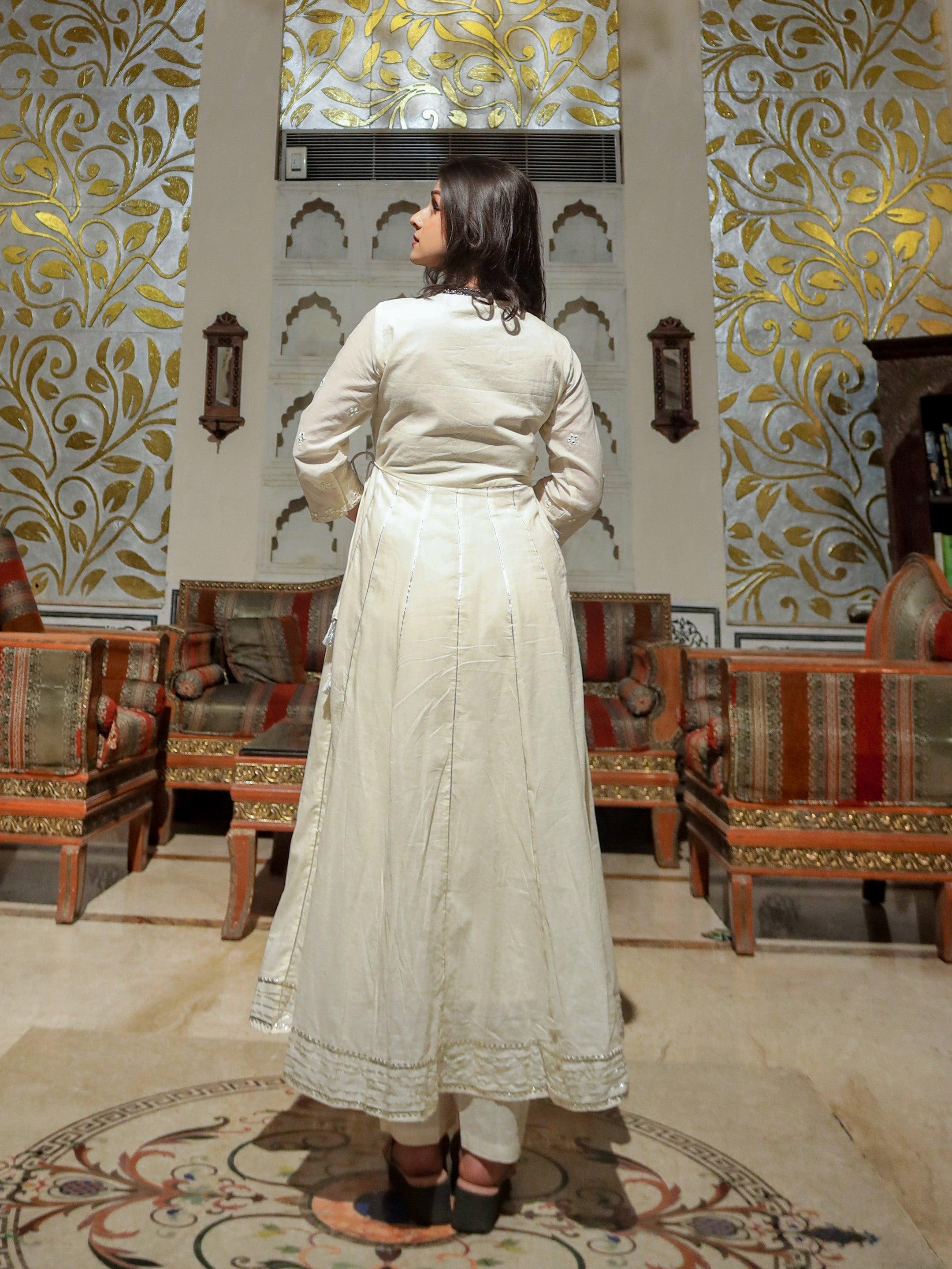  Off White Cotton Anarkali kurta Pant Set - world.com