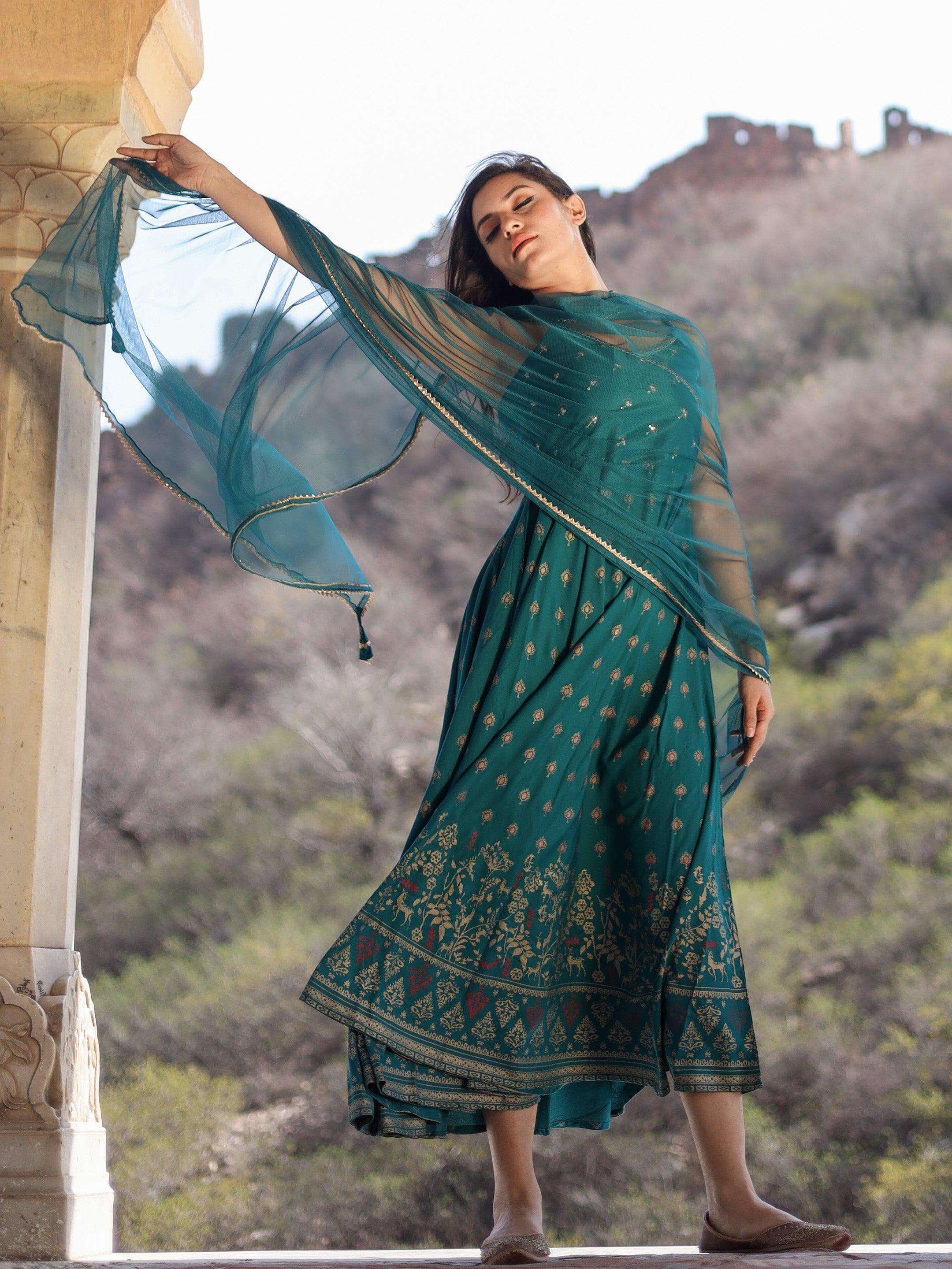  Rama green Rayon Shoulder Strip Anarkali Kurta with Net Dupatta - world.com